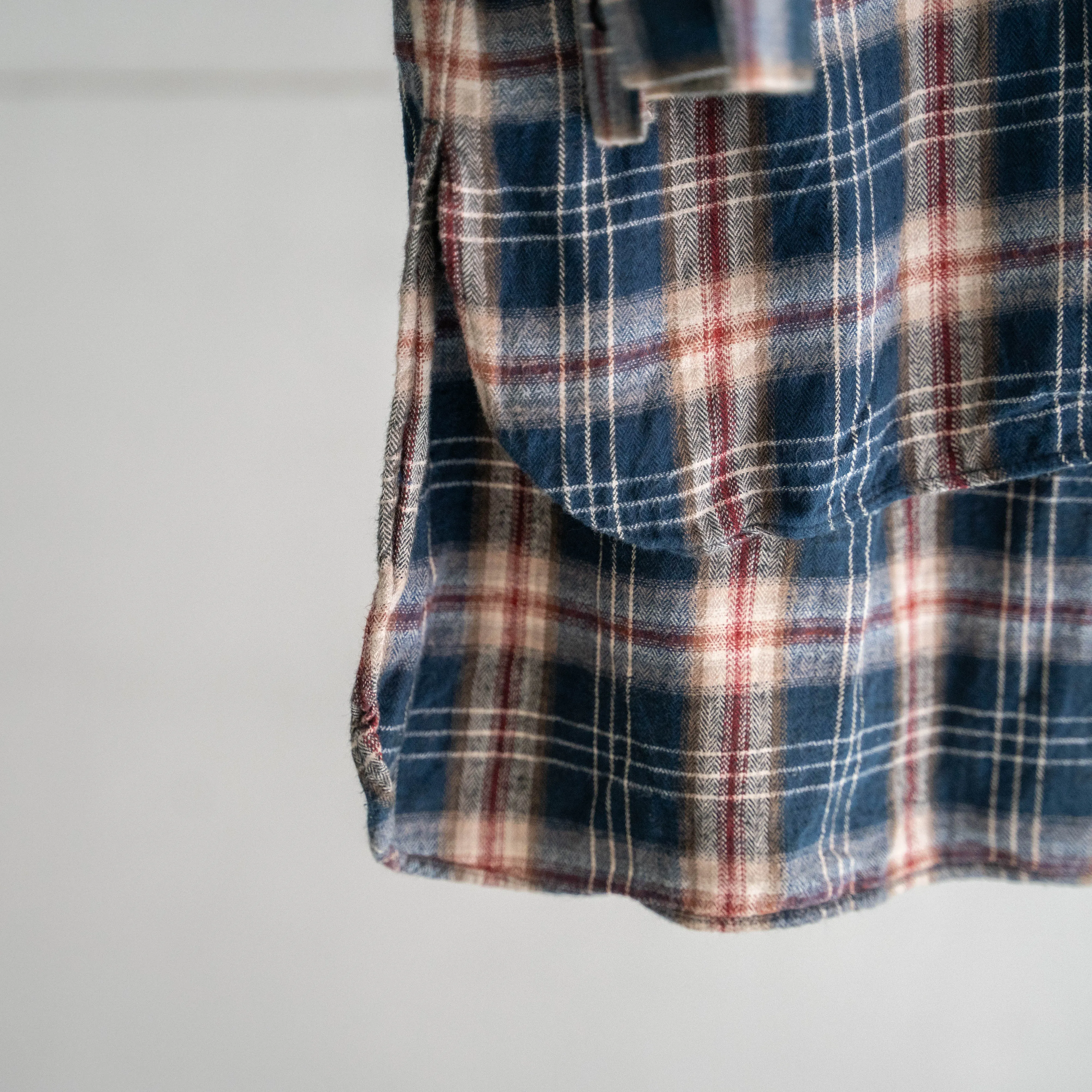 1970s France dark navy×red×yellow checked grandpa shirts