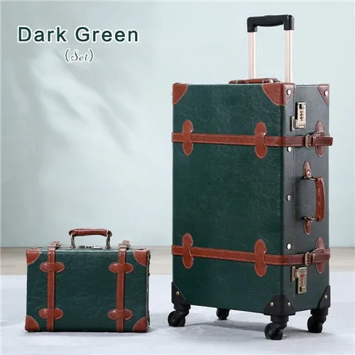 20"-26" Dark Green Vintage Suitcase Pu Leather Travel Suitcase , Scratch Resistant Rolling