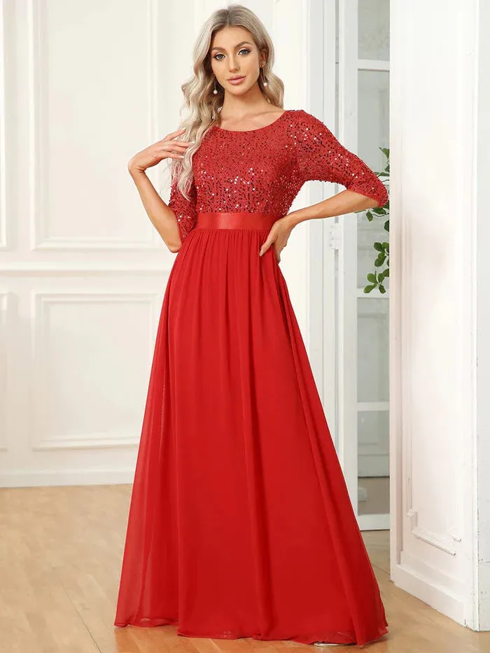 3/4 Sleeves Round Neck Sparkling Evening Dress With Sequin