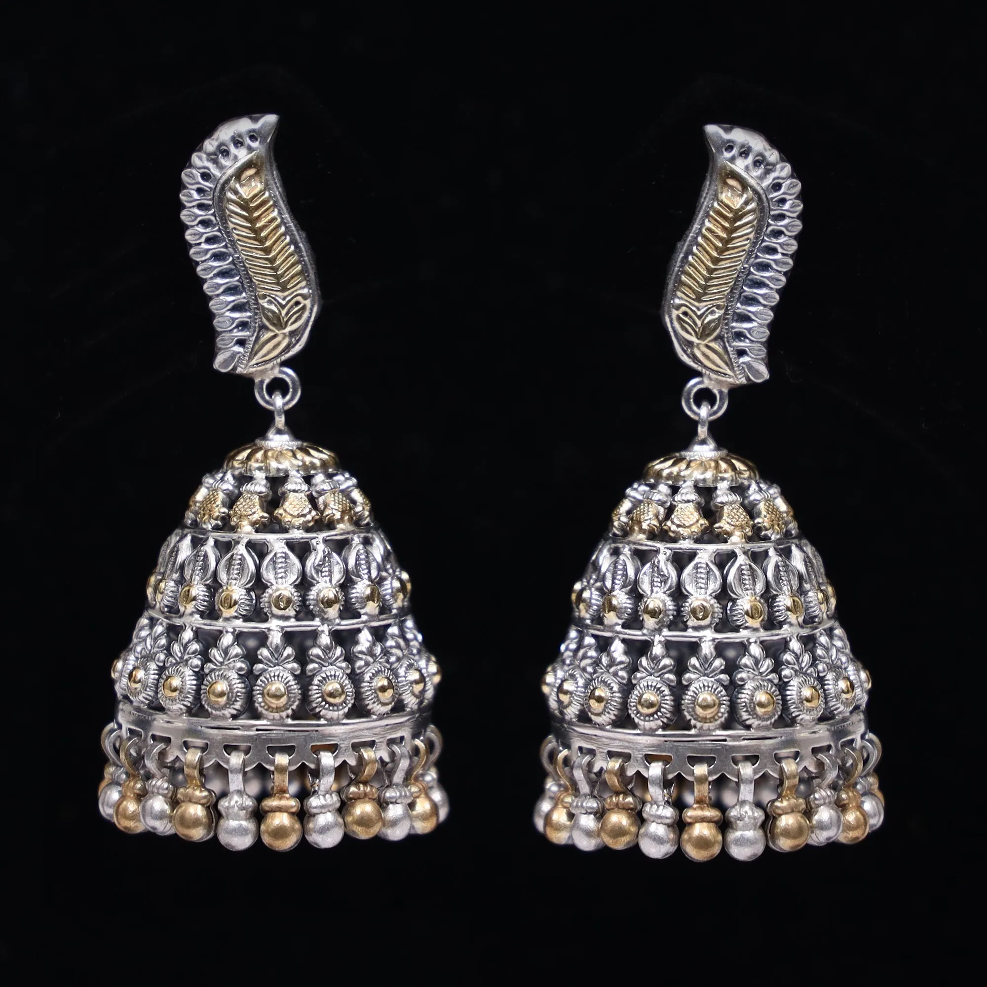 925 Silver Dual Tone Handmade Earring with Silver Ball Hanging Jhumki