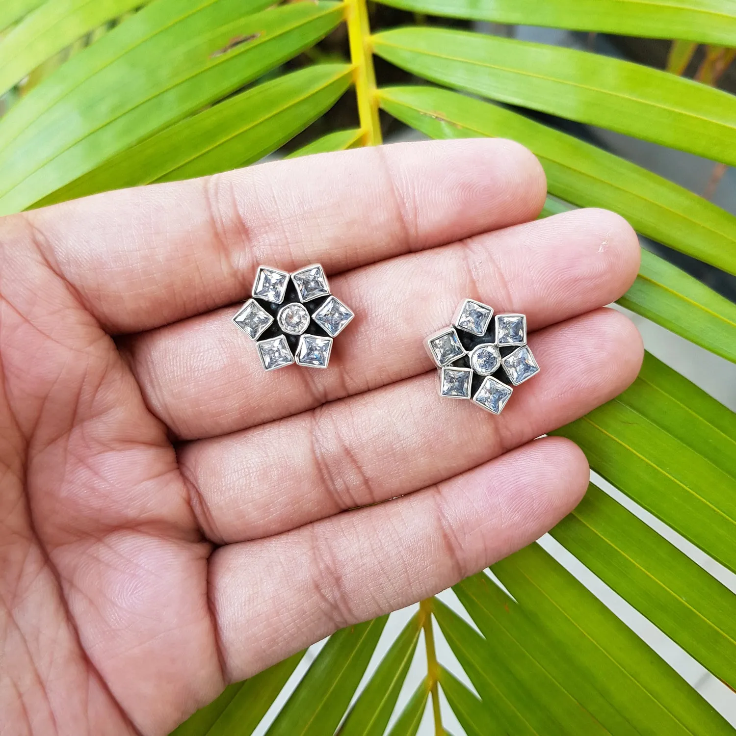 925 Silver Zircon Flower Studs