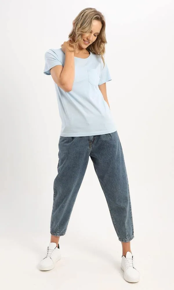 94646 Casual Powder Blue Basic Tee With Patched Pocket