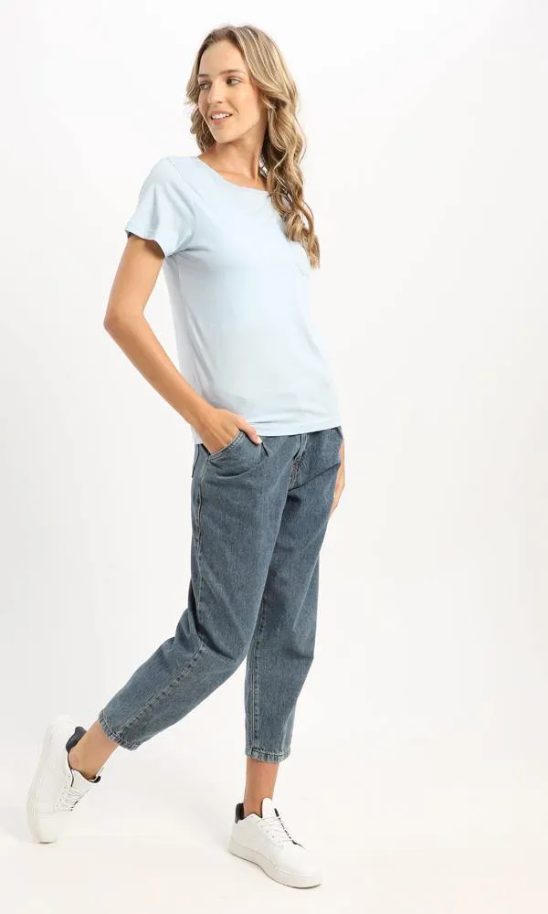 94646 Casual Powder Blue Basic Tee With Patched Pocket