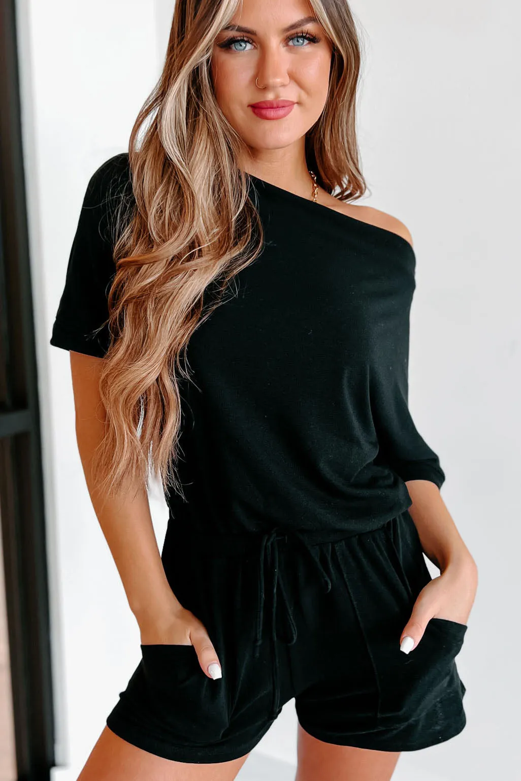 Acting In Kindness Off The Shoulder Drawstring Romper (Black)