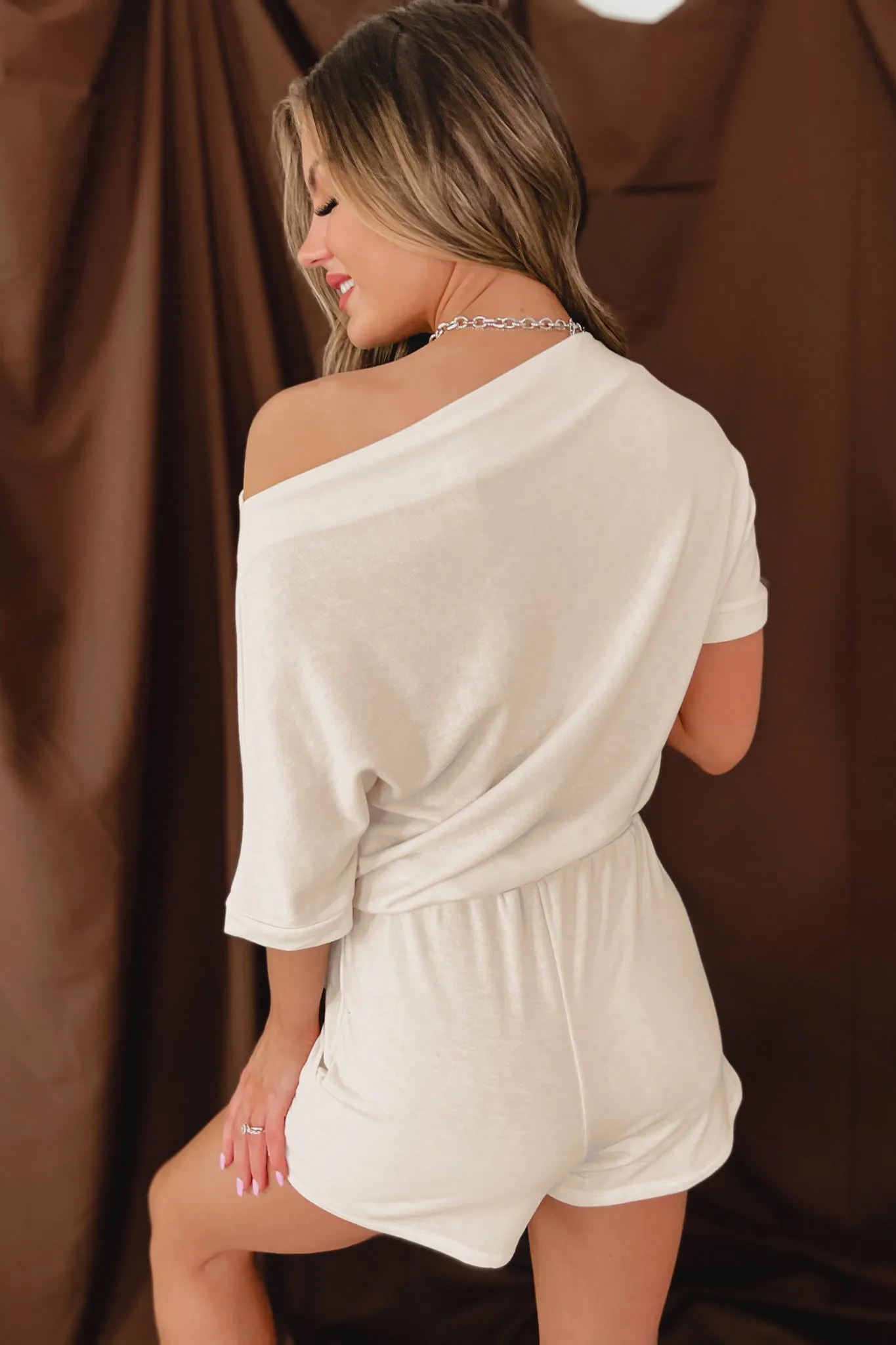 Acting In Kindness Off The Shoulder Drawstring Romper (Light Sand)