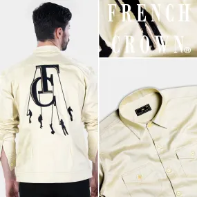 ALBESCENT BEIGE FRENCH CROWN ACRONYM EMBROIDERED SUBTLE SHEEN SUPER SOFT PREMIUM COTTON DESIGNER OVERSHIRT