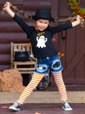 All Boo'd Up Top, Patched Denim Shorts, and Legging Set