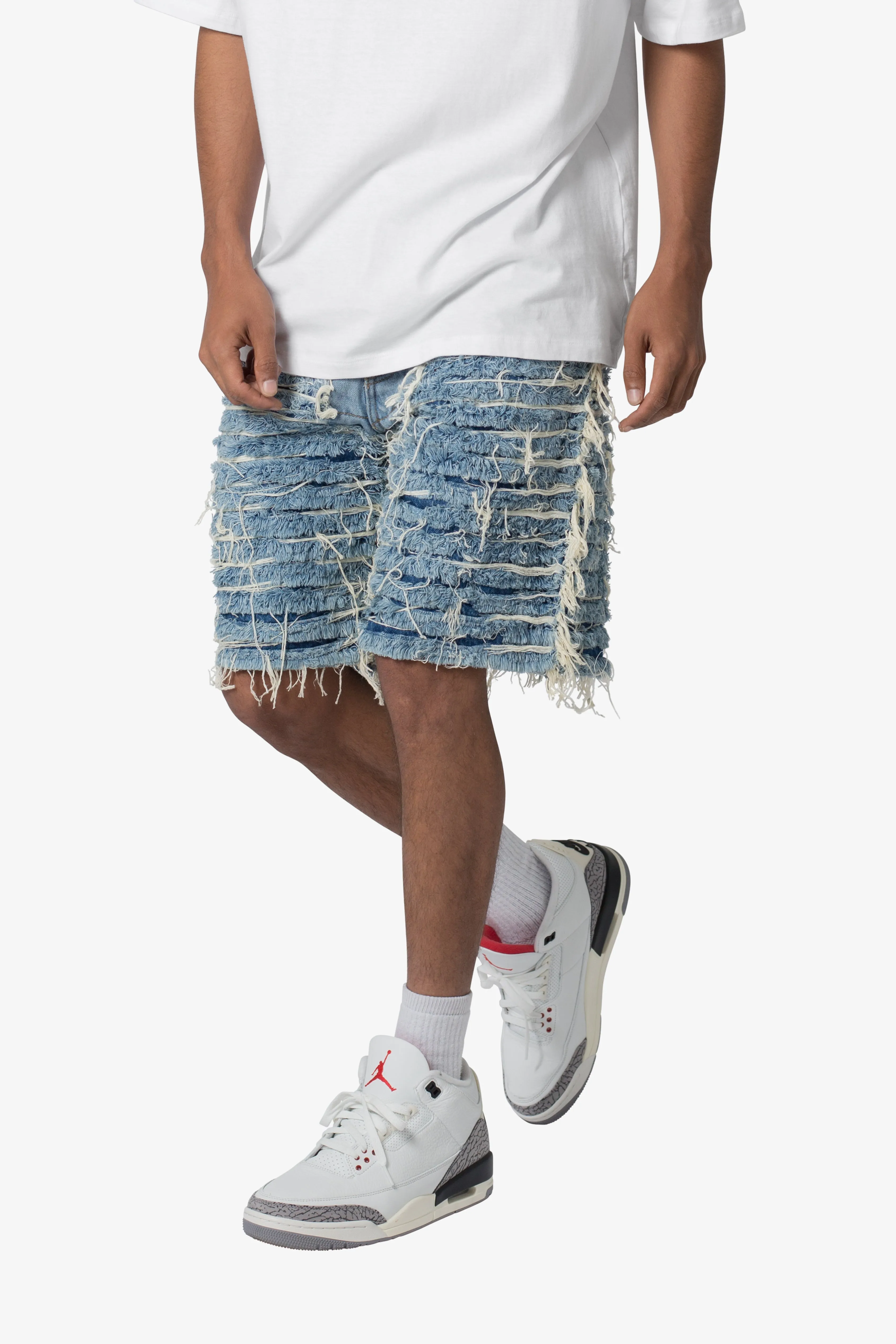 Allover Frayed Denim Shorts - Blue