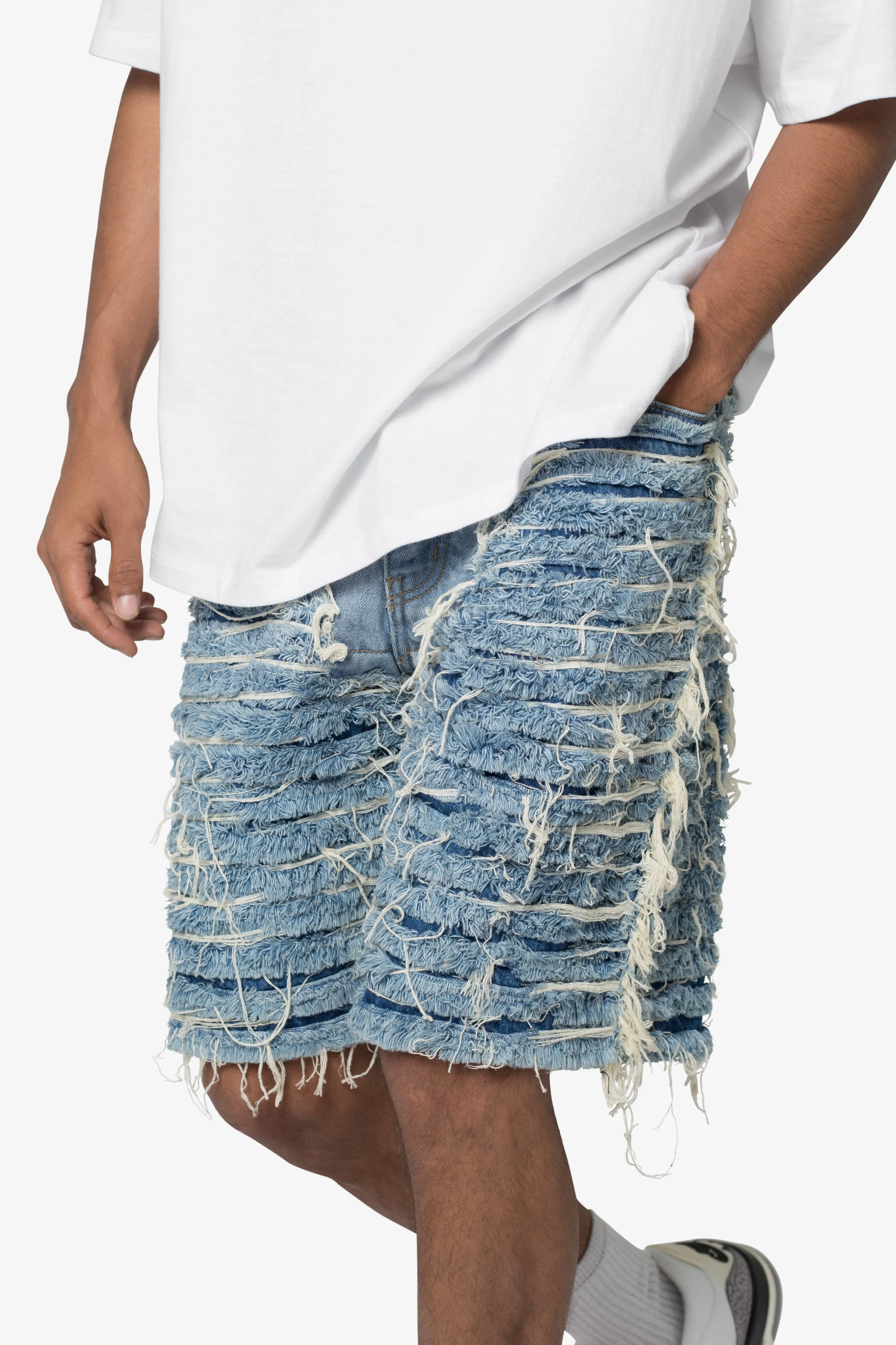 Allover Frayed Denim Shorts - Blue