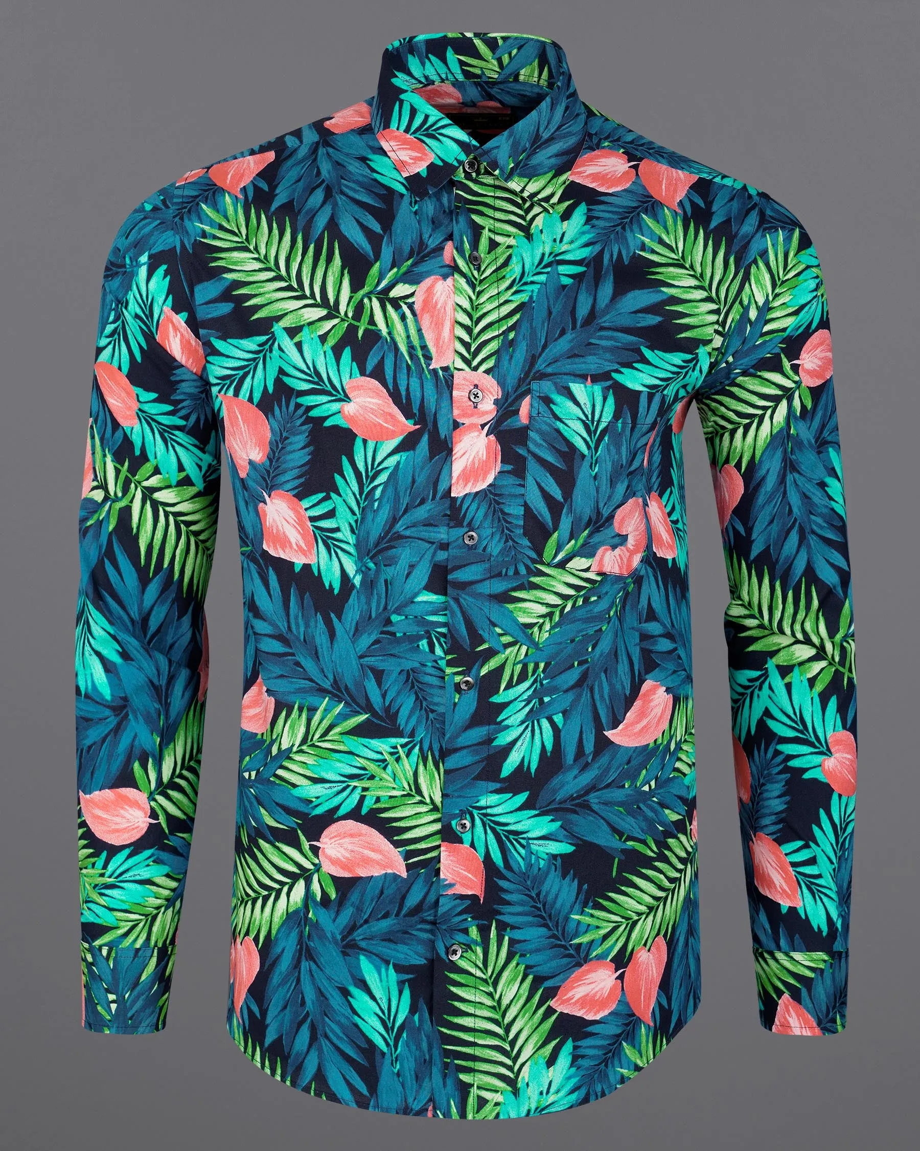 Allports Blue and Mantis Green Leaves Printed Premium Cotton Shirt