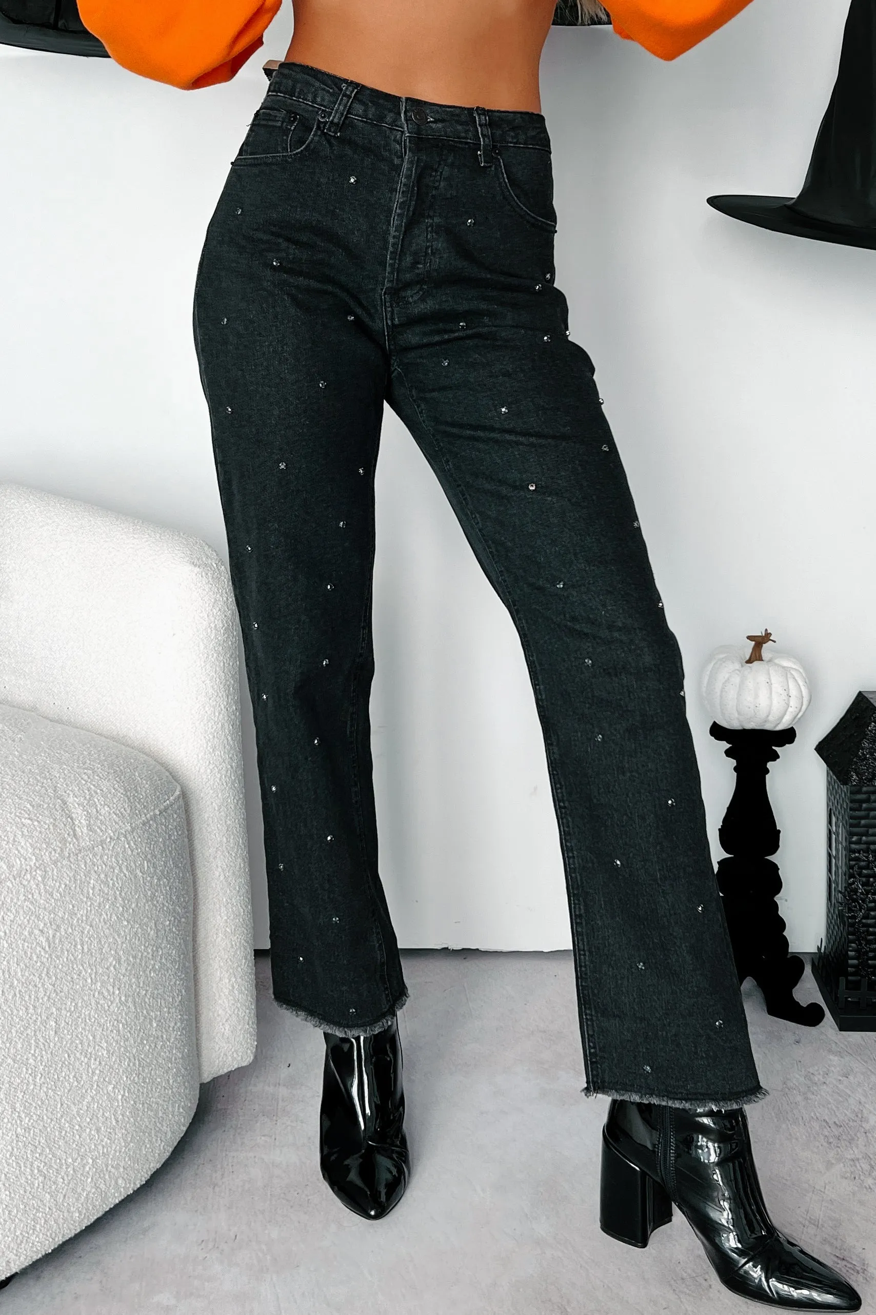 Always Relevant Embellished Straight Leg Jeans (Washed Black)