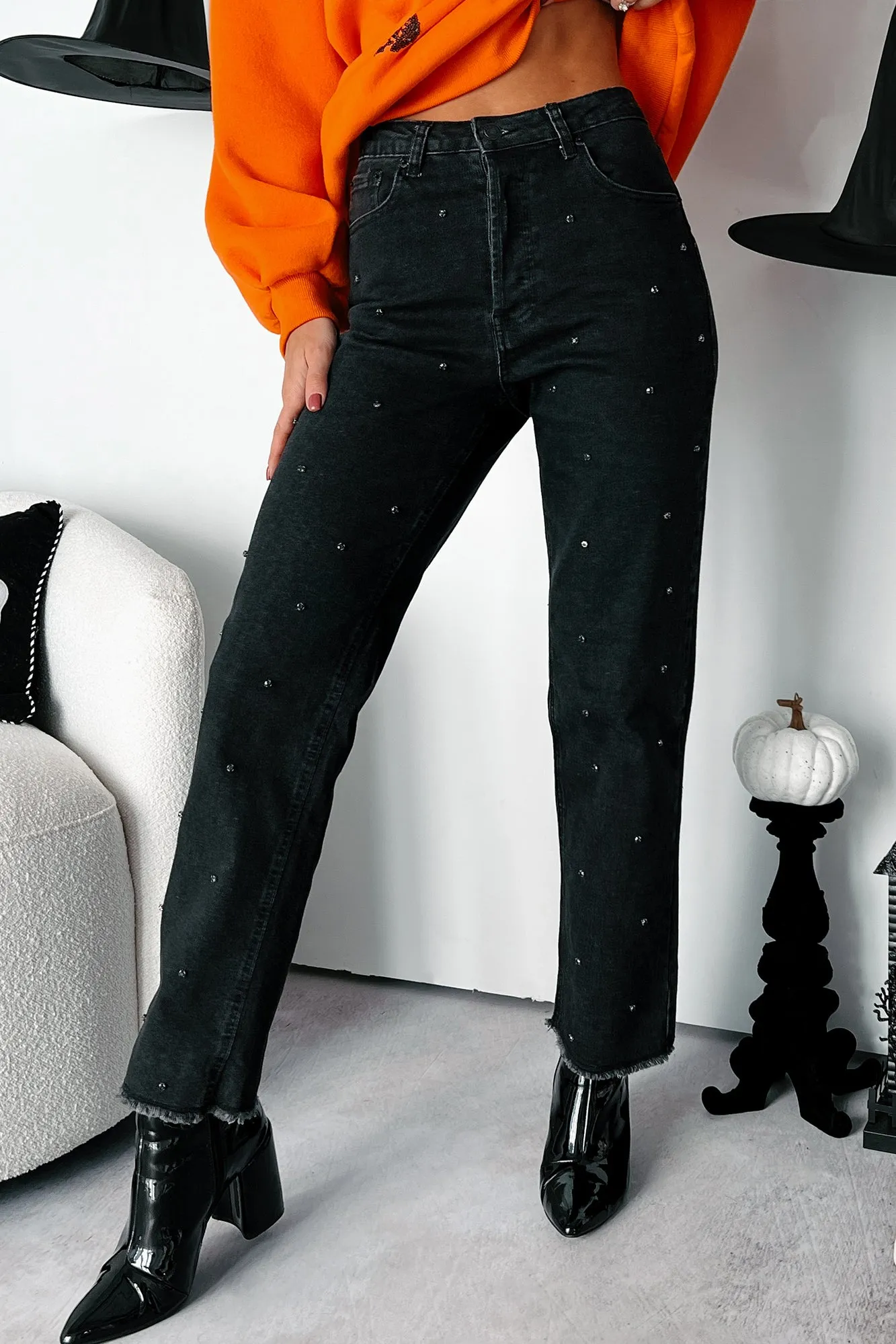 Always Relevant Embellished Straight Leg Jeans (Washed Black)