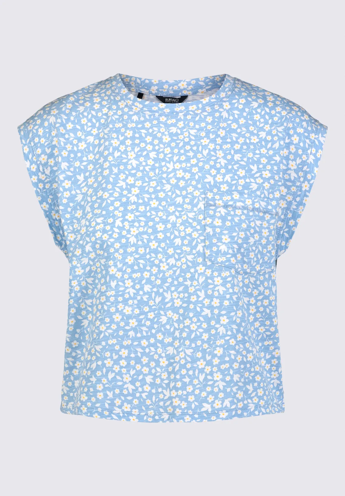 Amandine Women's Cap-Sleeve Crop Top, Blue with White Flowers - KT0148S