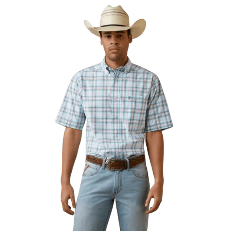 Ariat Men's Pro Series Osiel Pale Turquoise Stone Blue and Orange Plaid Stretch Short Sleeve Western Shirt 10044851