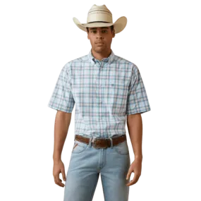 Ariat Men's Pro Series Osiel Pale Turquoise Stone Blue and Orange Plaid Stretch Short Sleeve Western Shirt 10044851