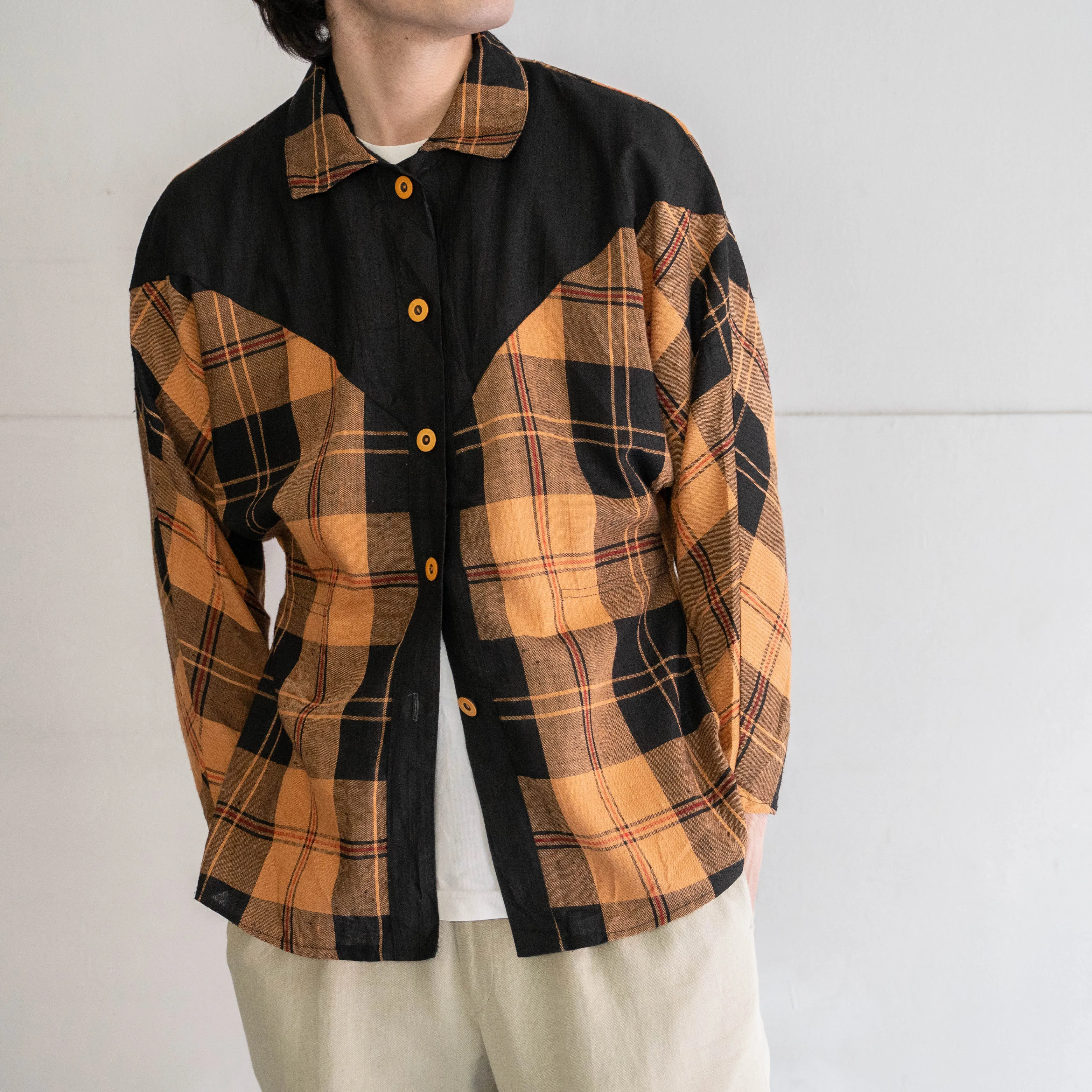 around 1990s orange based checked switching design shirt