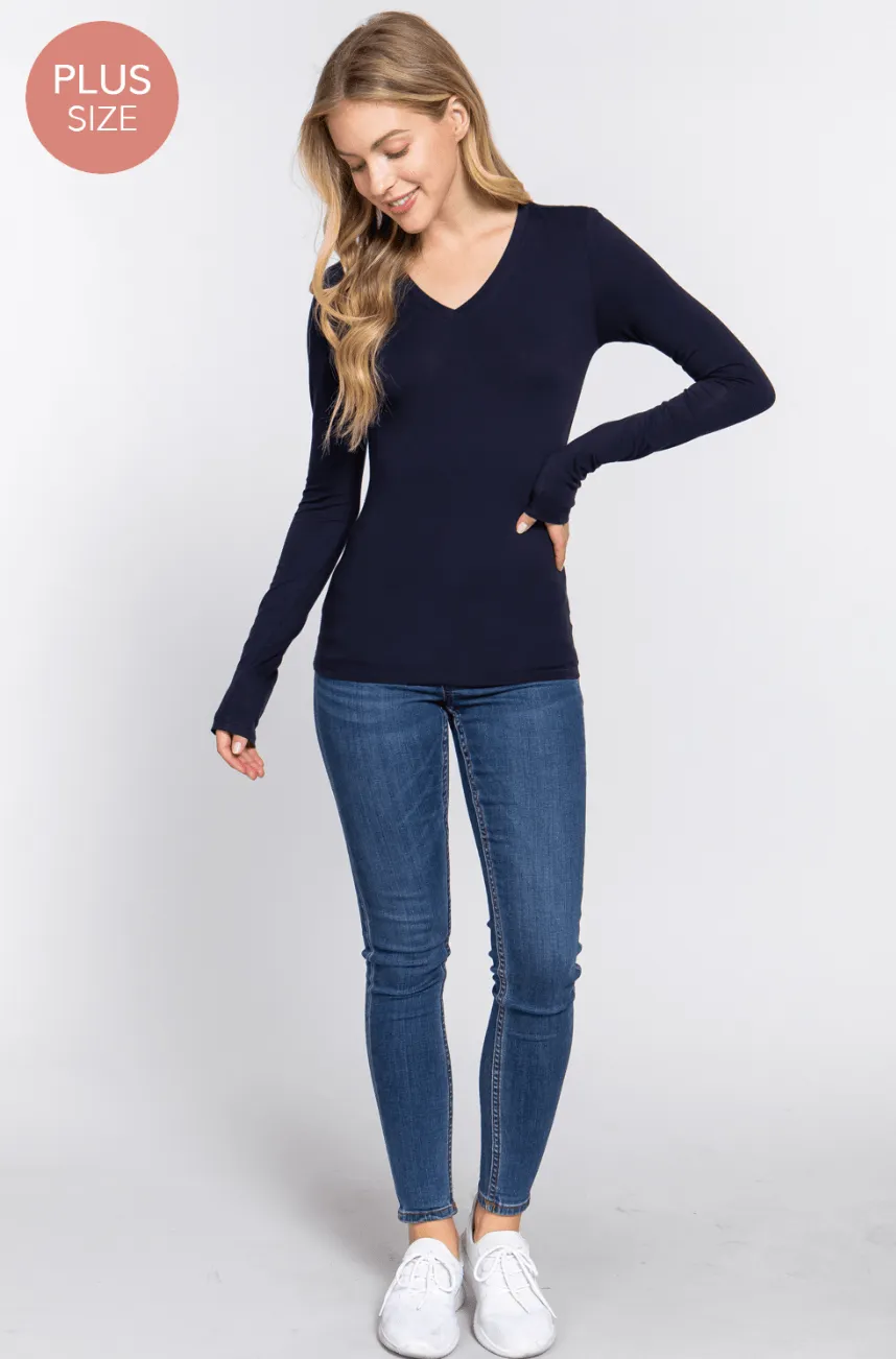 Basic PLUS SIZE long sleeve V- Neck Cotton Tops $18.00 T7665