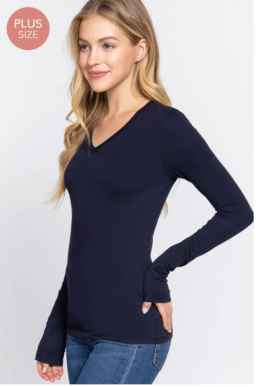 Basic PLUS SIZE long sleeve V- Neck Cotton Tops $18.00 T7665