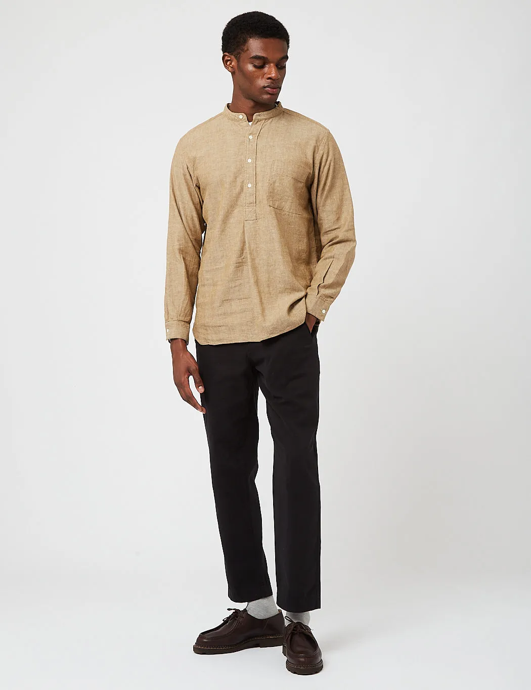 Beams Plus Band Collar Herringbone Pullover Shirt - Khaki Beige