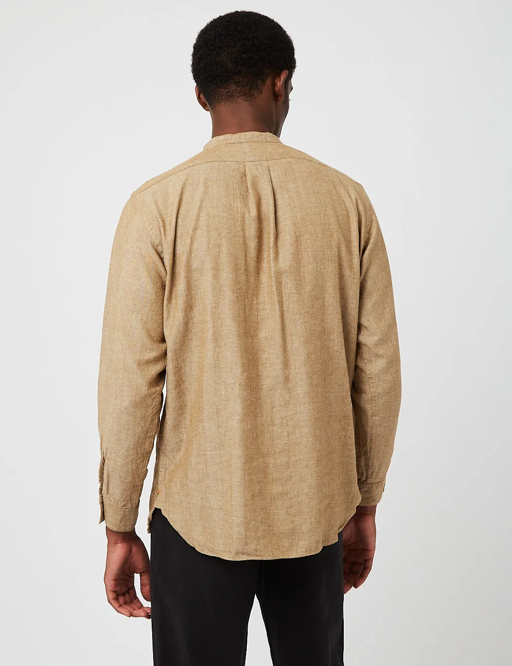 Beams Plus Band Collar Herringbone Pullover Shirt - Khaki Beige