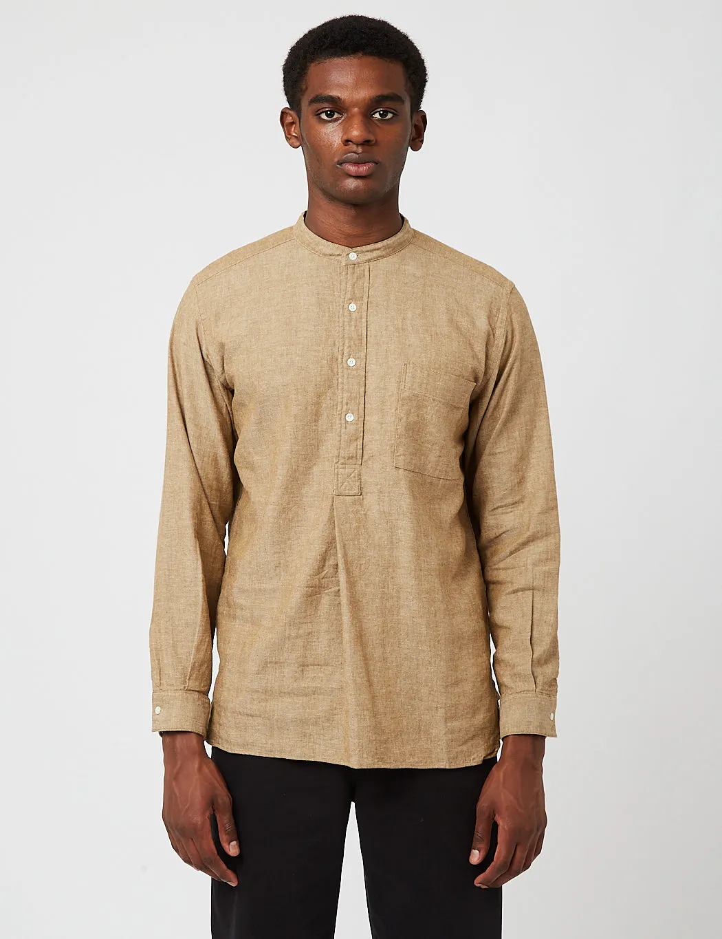 Beams Plus Band Collar Herringbone Pullover Shirt - Khaki Beige