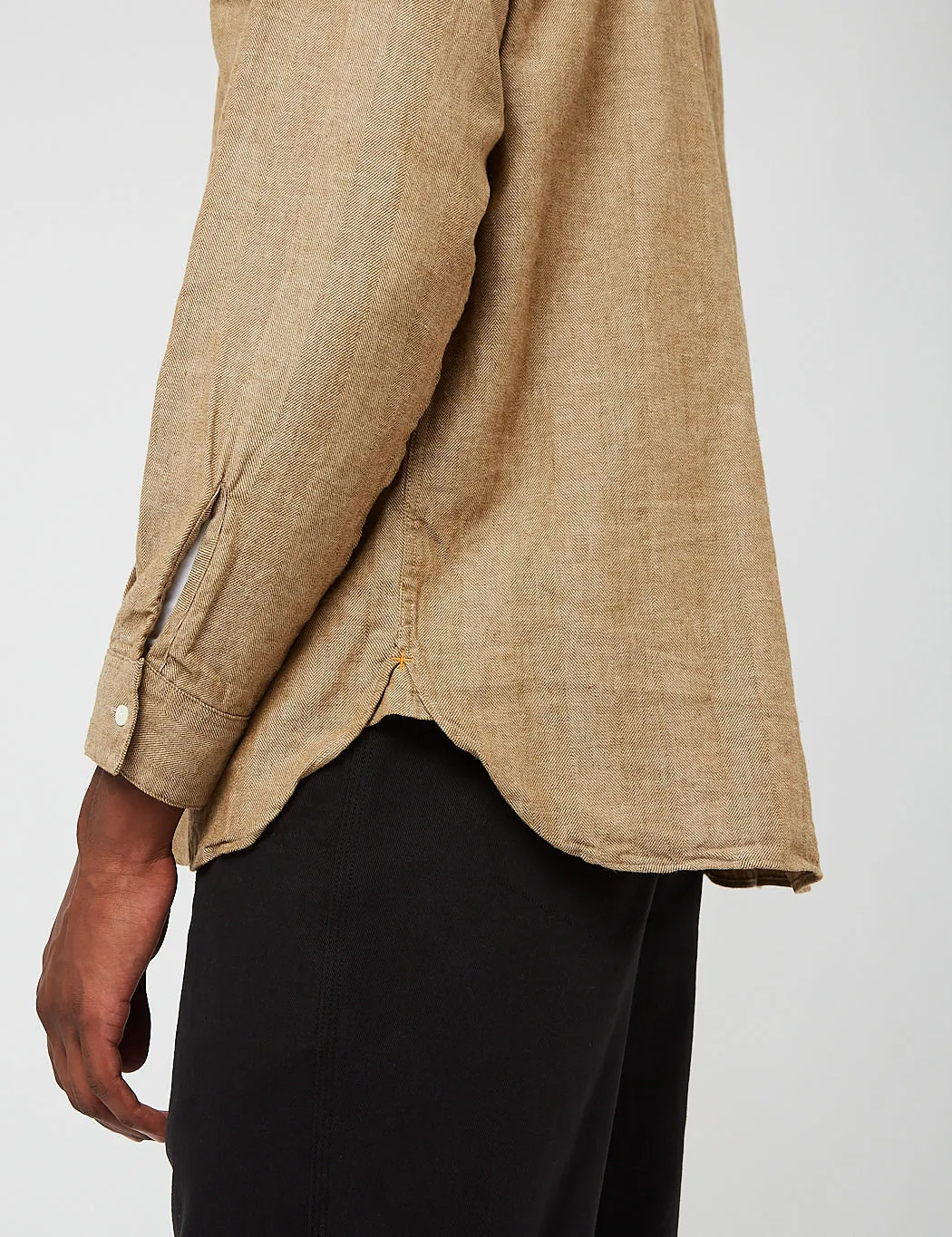 Beams Plus Band Collar Herringbone Pullover Shirt - Khaki Beige