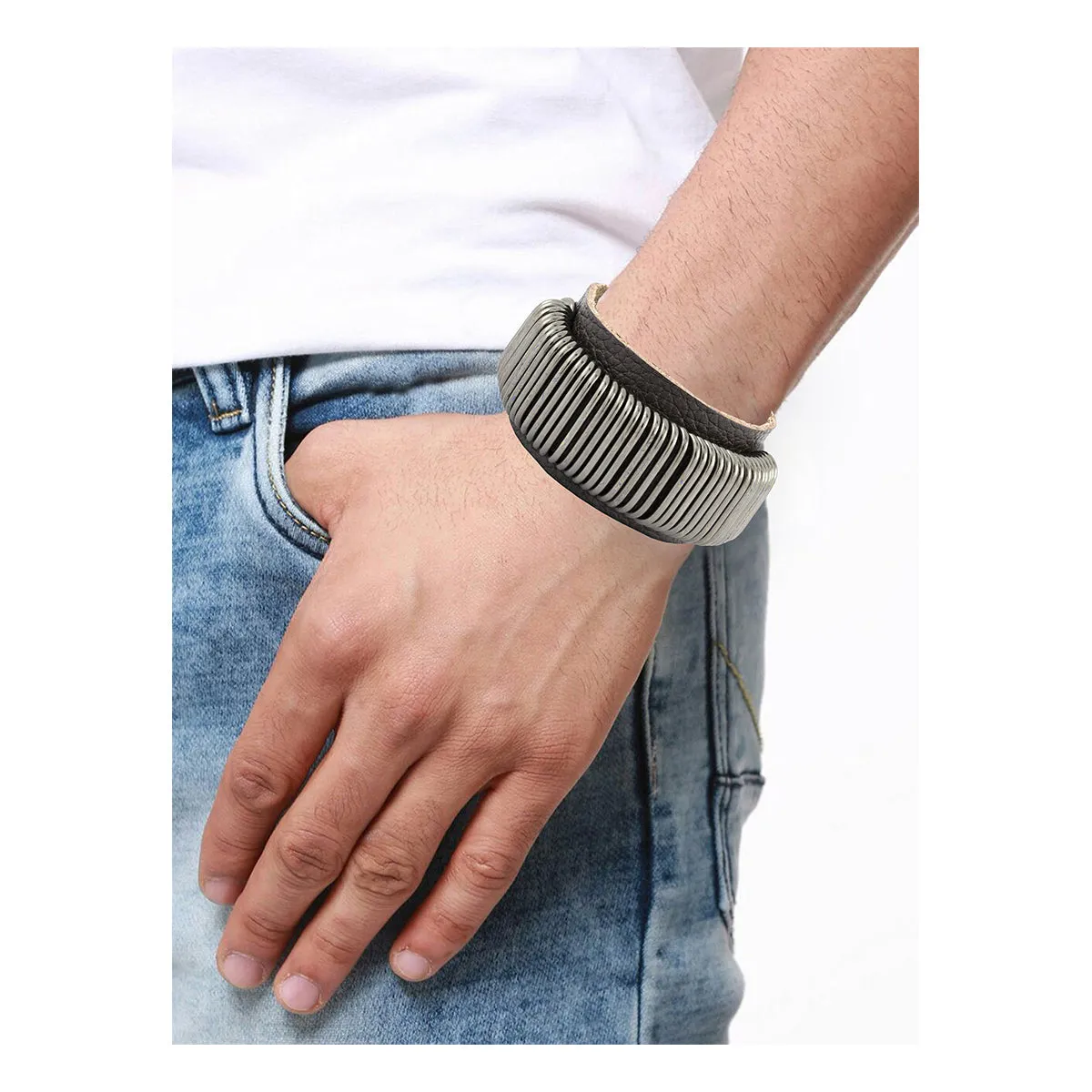 Biker Punk Funky Handcrafted Black Leather Wrist Band Bracelet Men