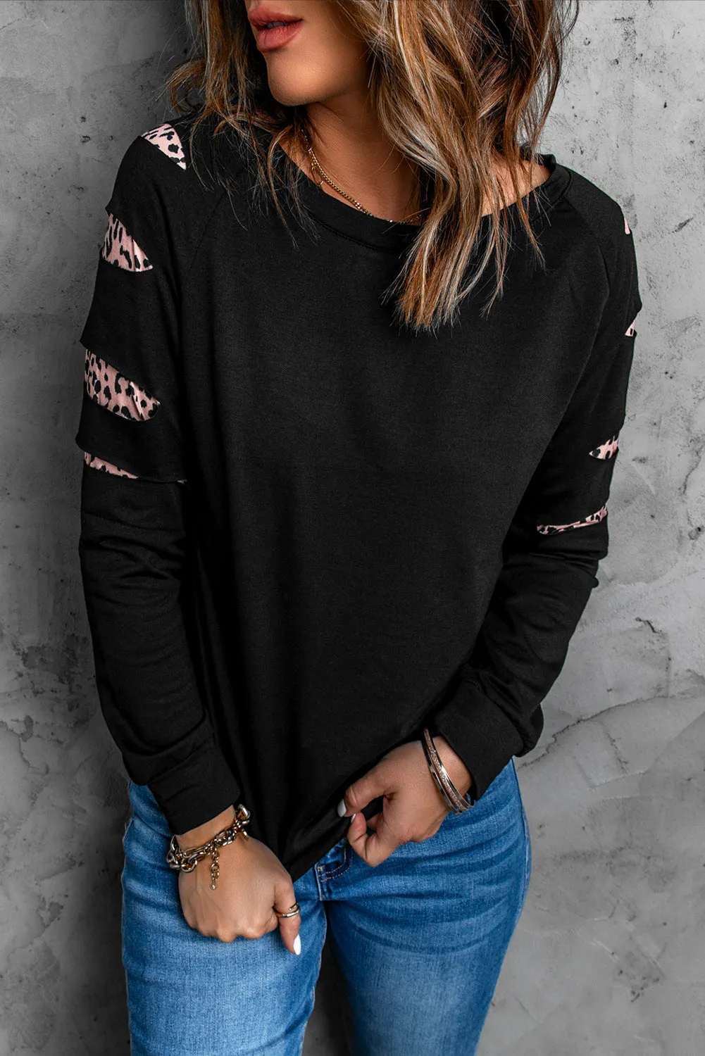 Black Animal Print Insert Cut Out Sweatshirt