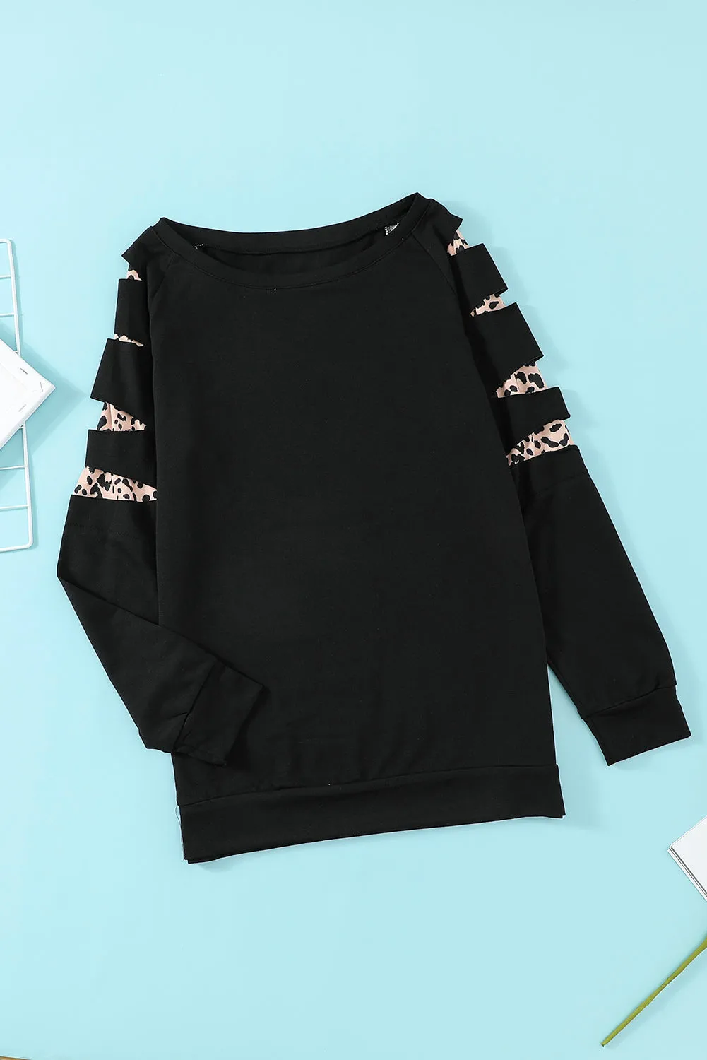 Black Animal Print Insert Cut Out Sweatshirt