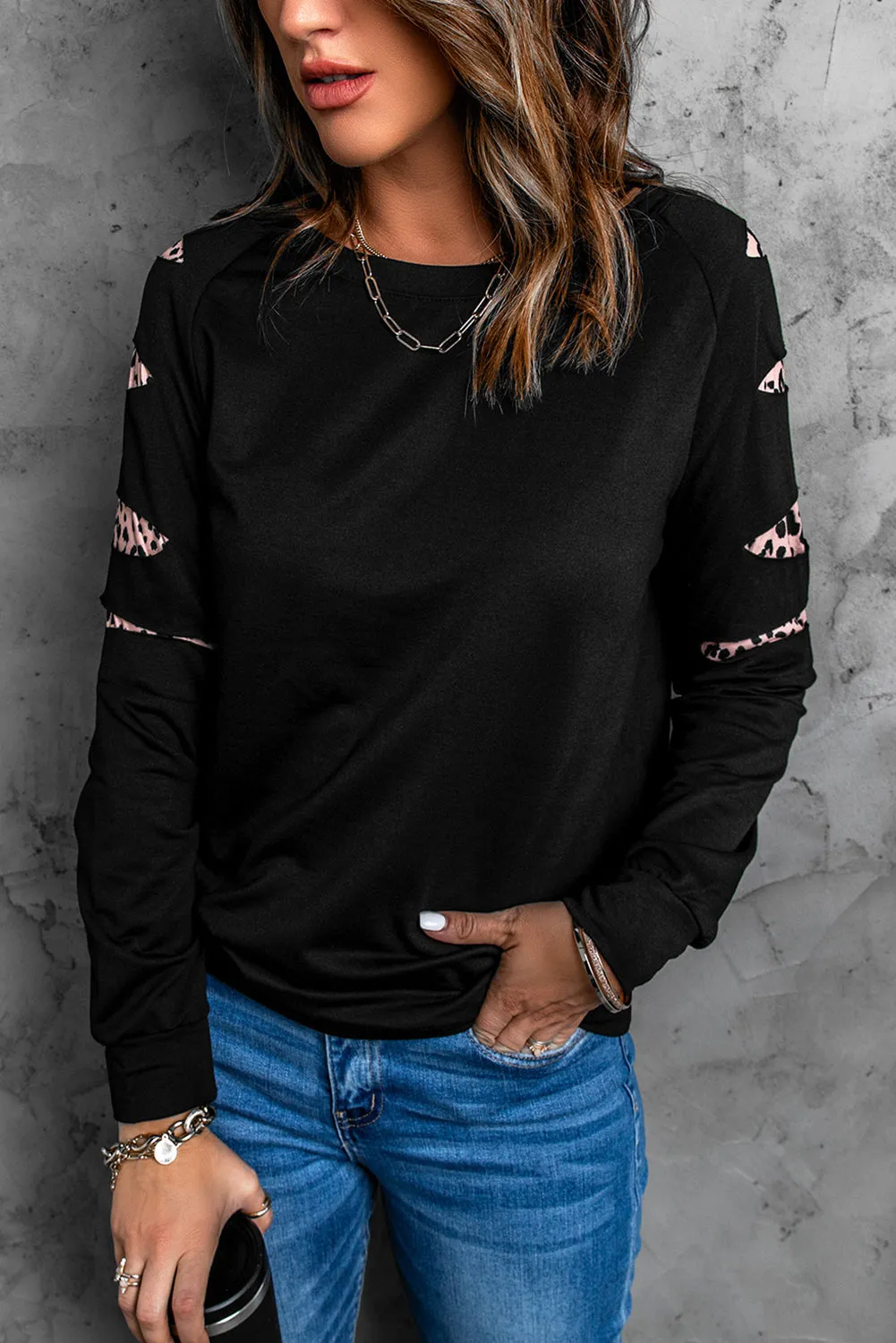 Black Animal Print Insert Cut Out Sweatshirt