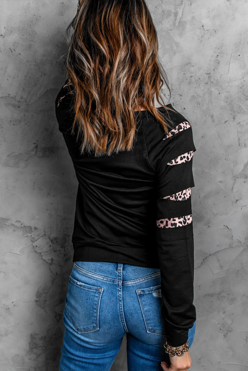 Black Animal Print Insert Cut Out Sweatshirt