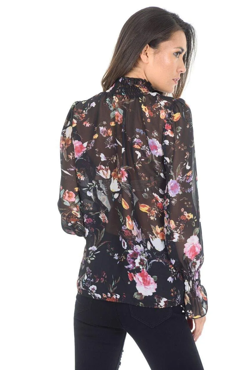 Black Floral Frill Top