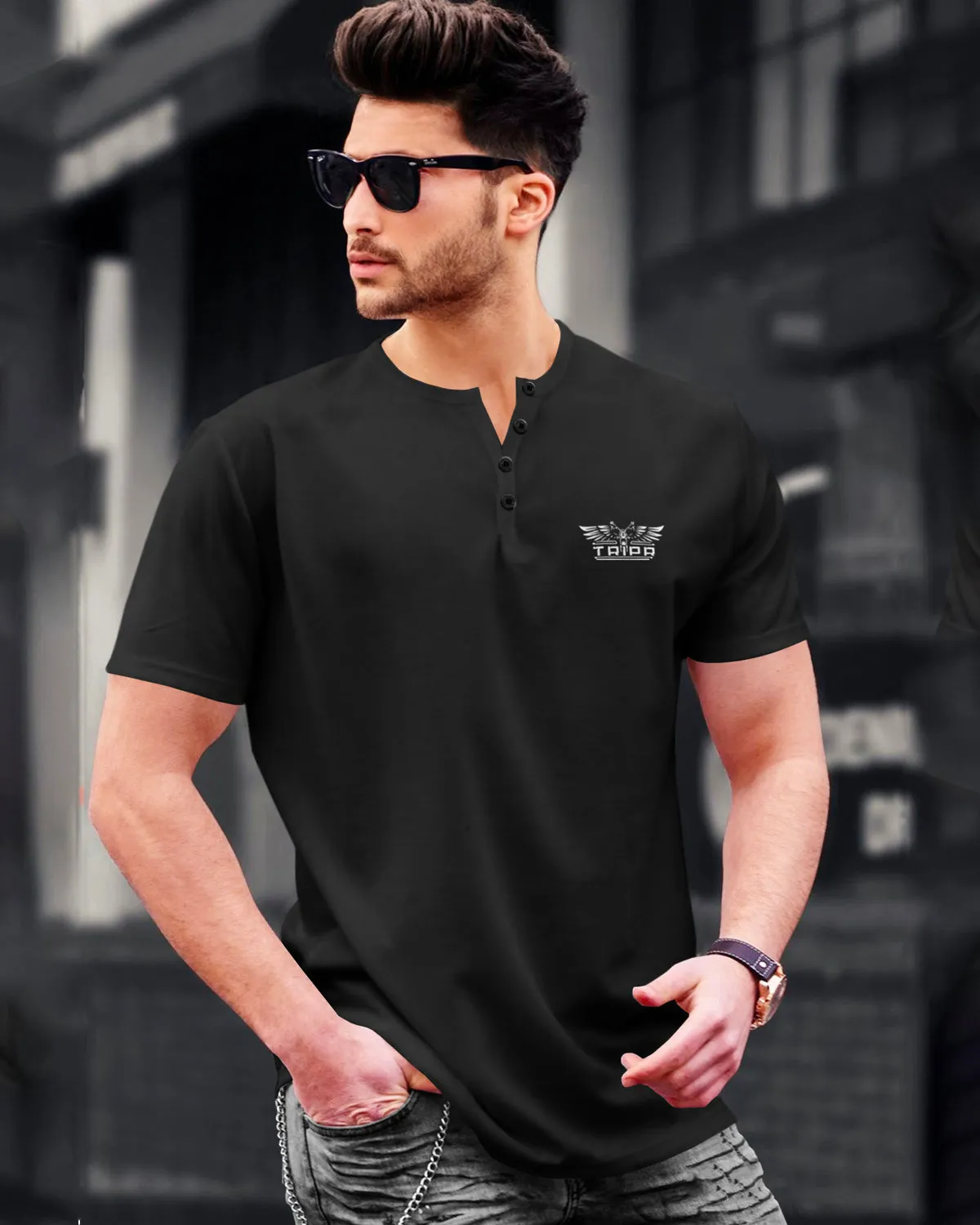 Black Quarter Button T-Shirt