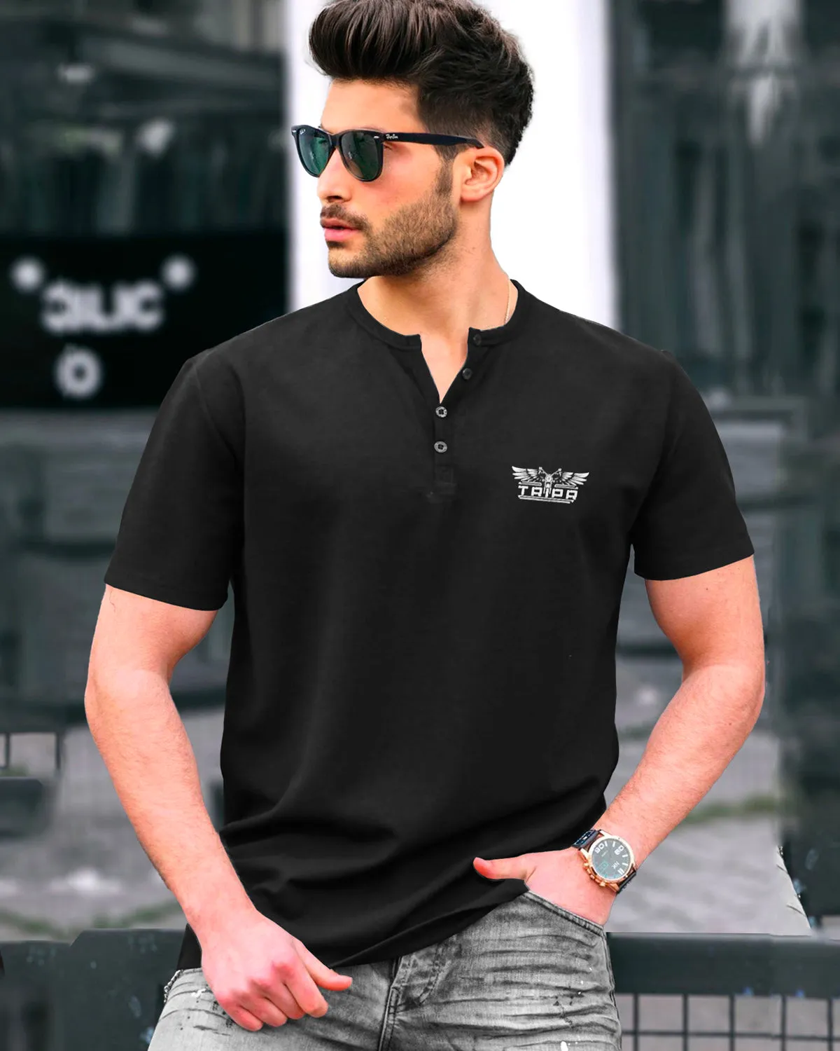 Black Quarter Button T-Shirt