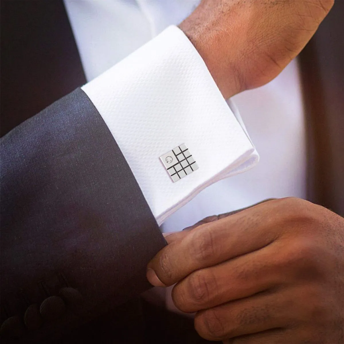 Black Silver Diamond Checks Cufflinks In Box