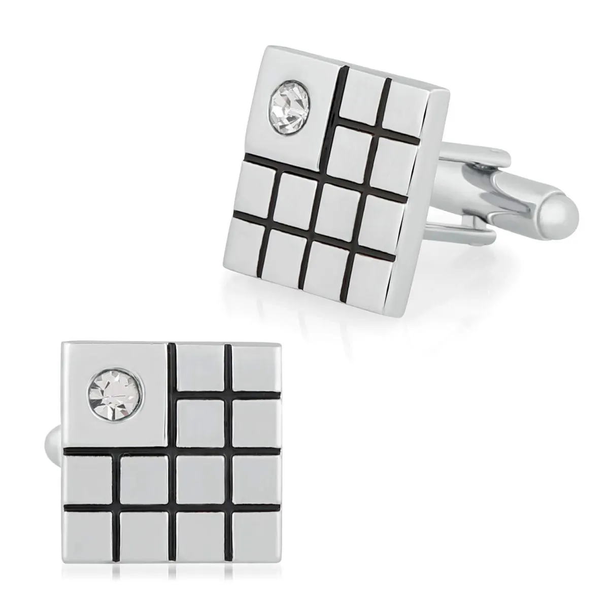 Black Silver Diamond Checks Cufflinks In Box