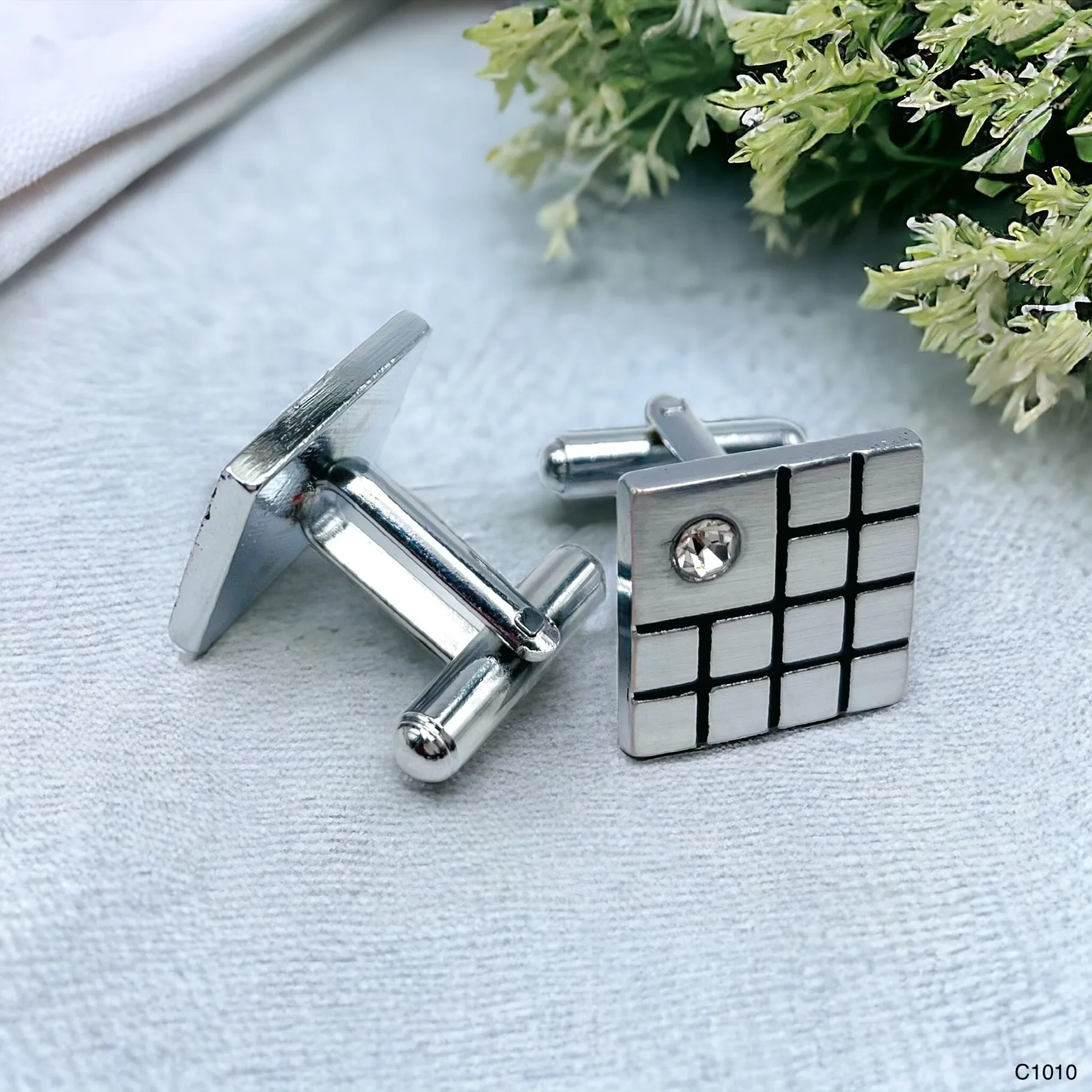 Black Silver Diamond Checks Cufflinks In Box