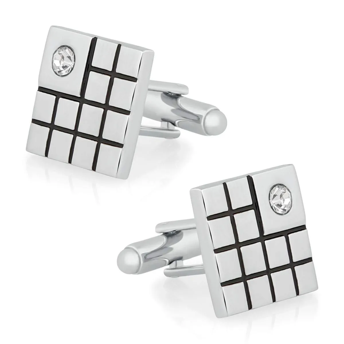 Black Silver Diamond Checks Cufflinks In Box