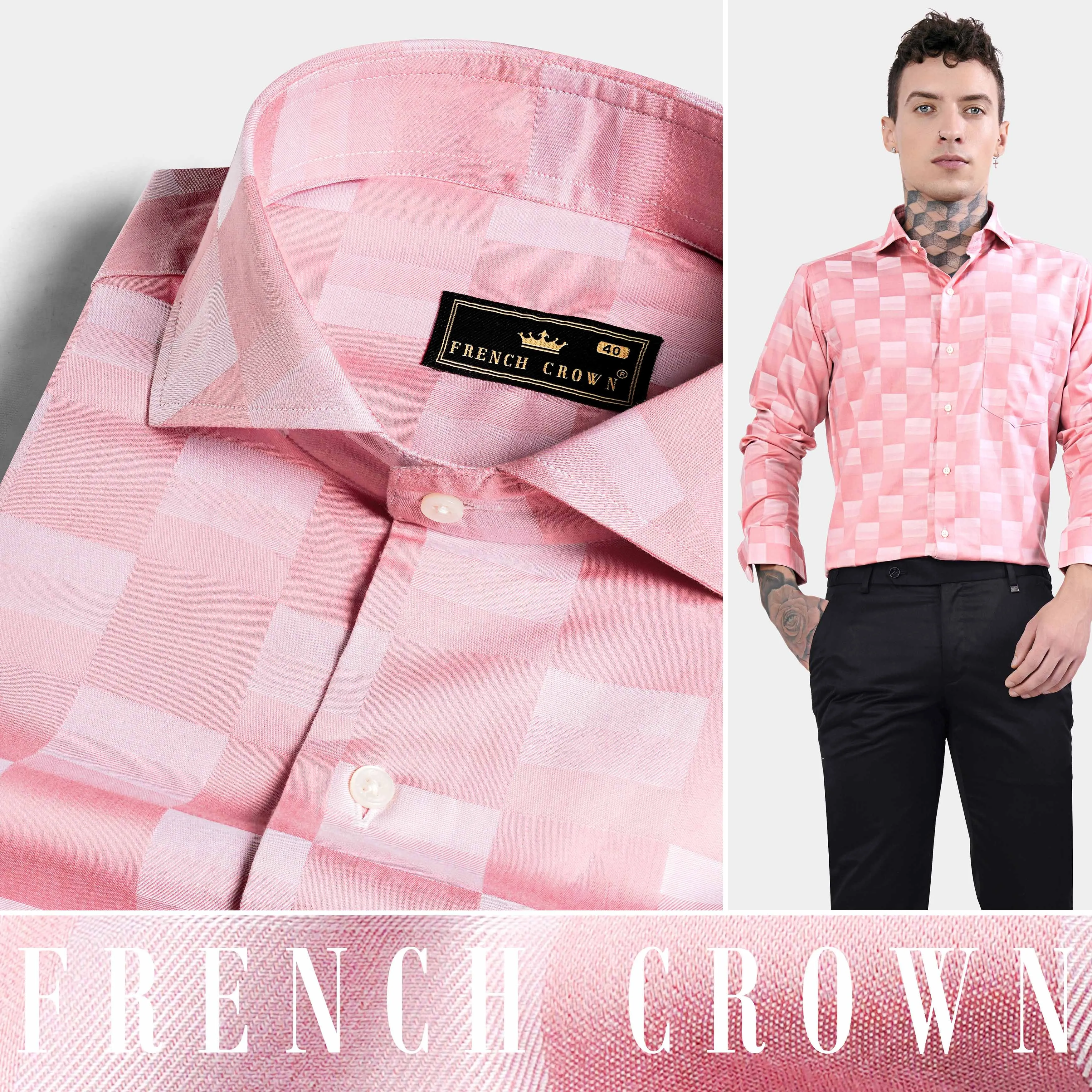 Blossom Pink and Prim Lavender Checked Jacquard Textured Premium Giza Cotton Shirt