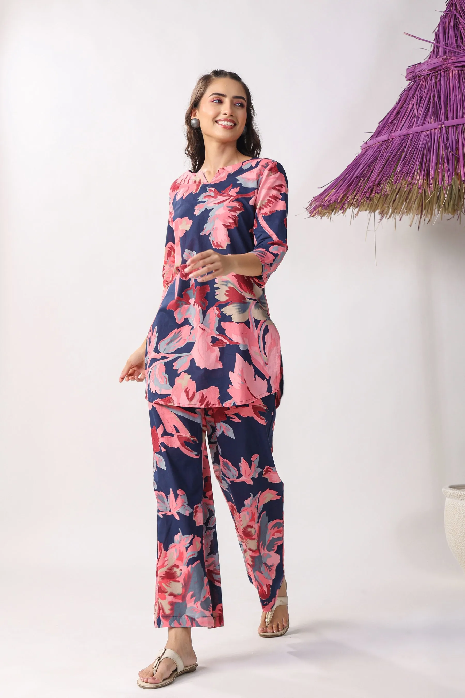 Blue Floral Cotton Lounge Co-ord Set