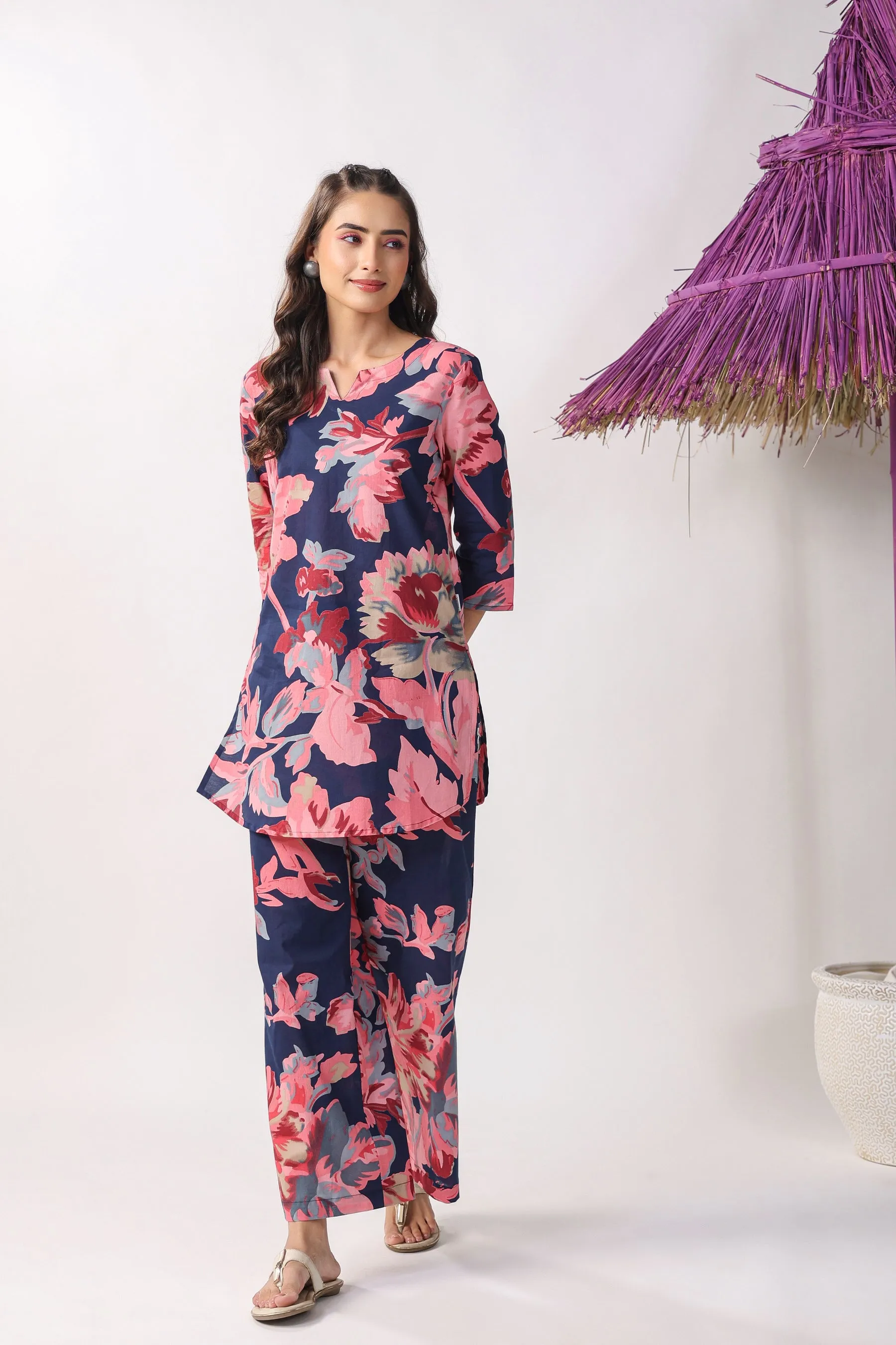 Blue Floral Cotton Lounge Co-ord Set