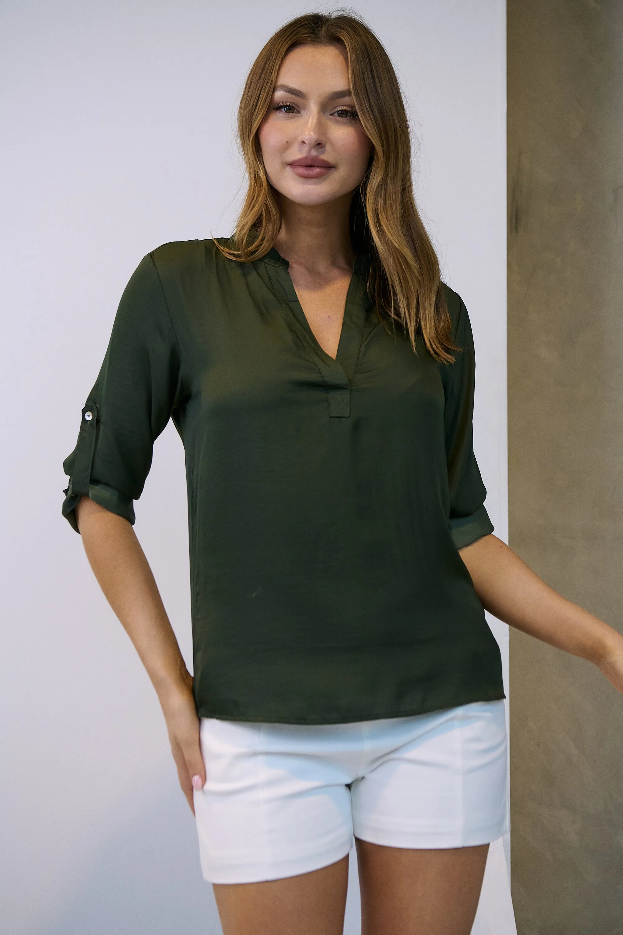 Brialla khaki Satin Roll sleeve shirt