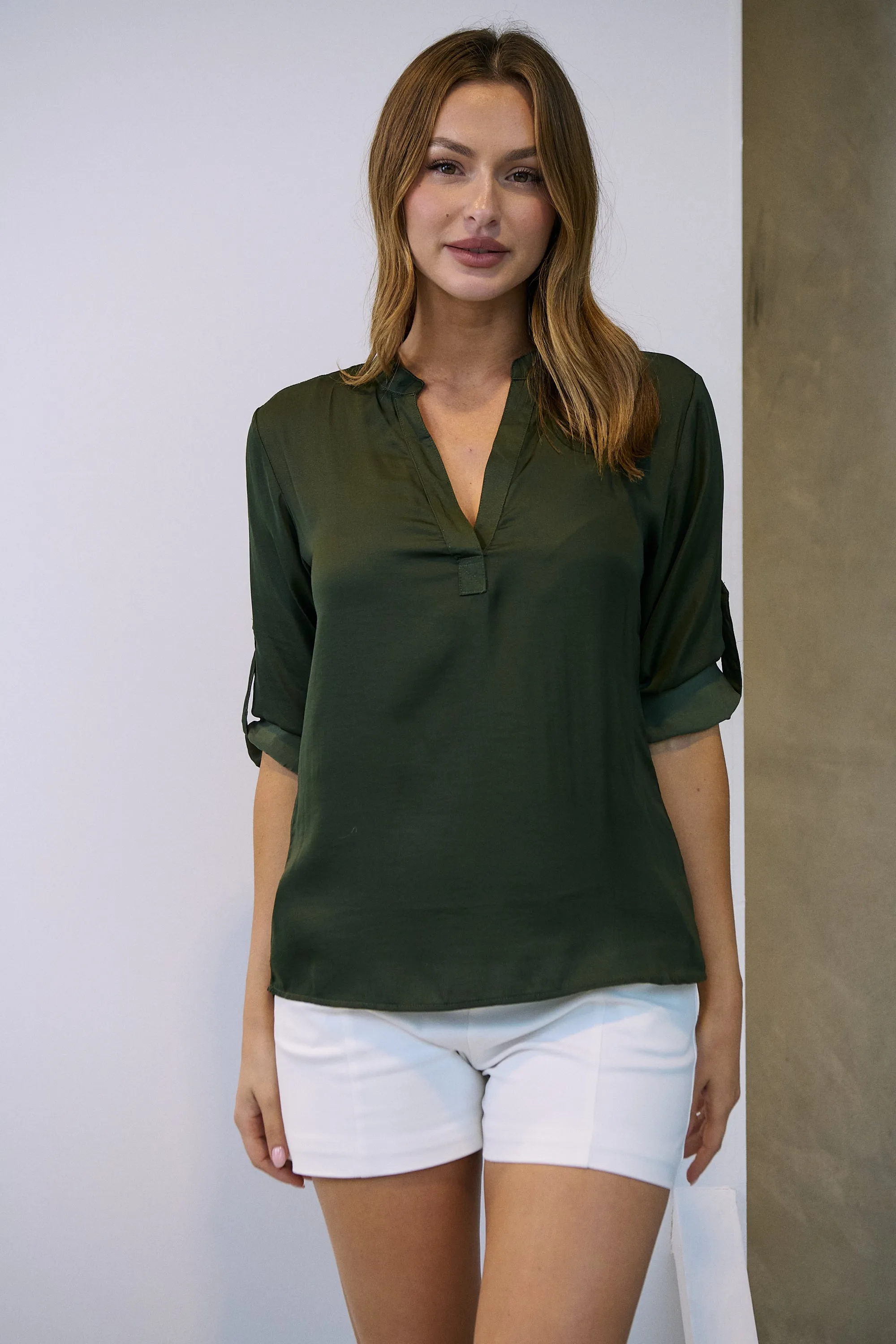 Brialla khaki Satin Roll sleeve shirt