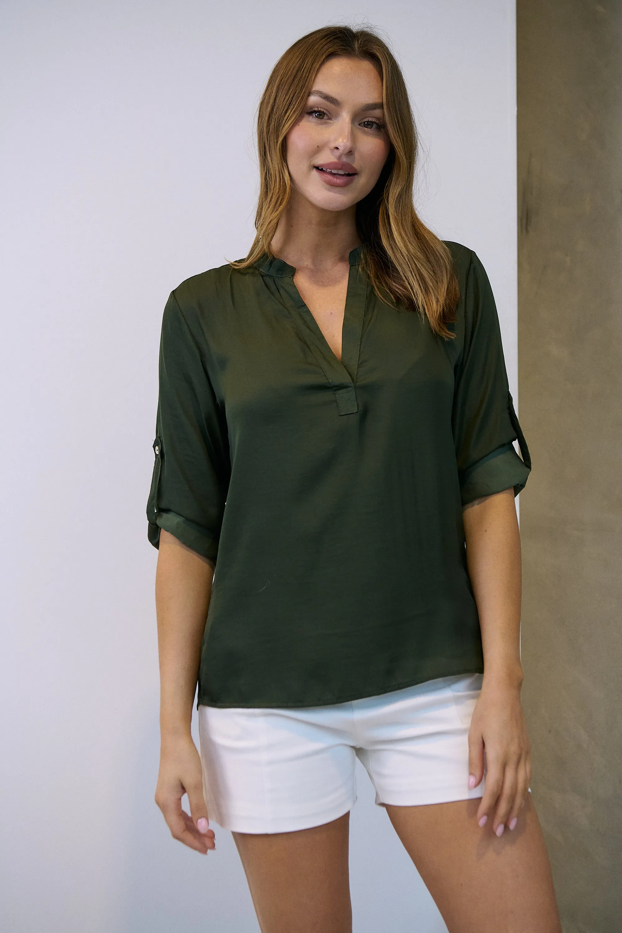 Brialla khaki Satin Roll sleeve shirt