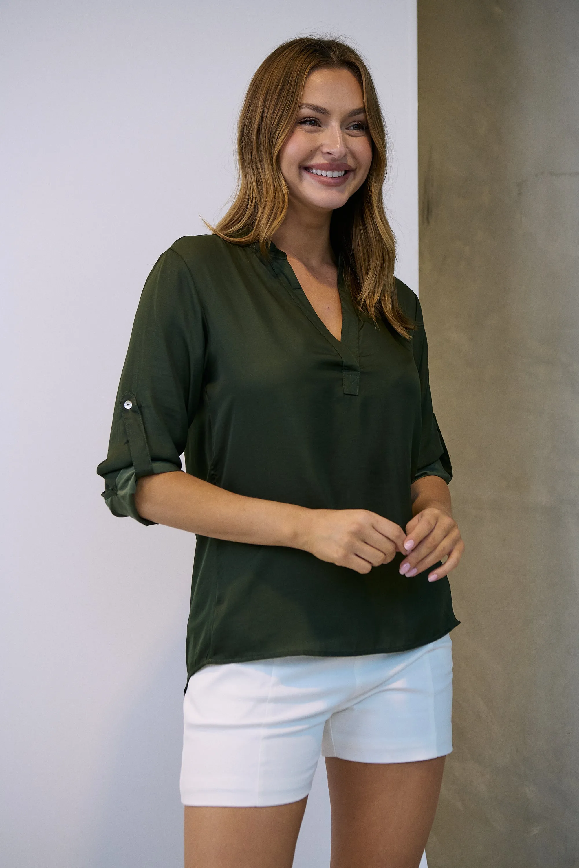 Brialla khaki Satin Roll sleeve shirt