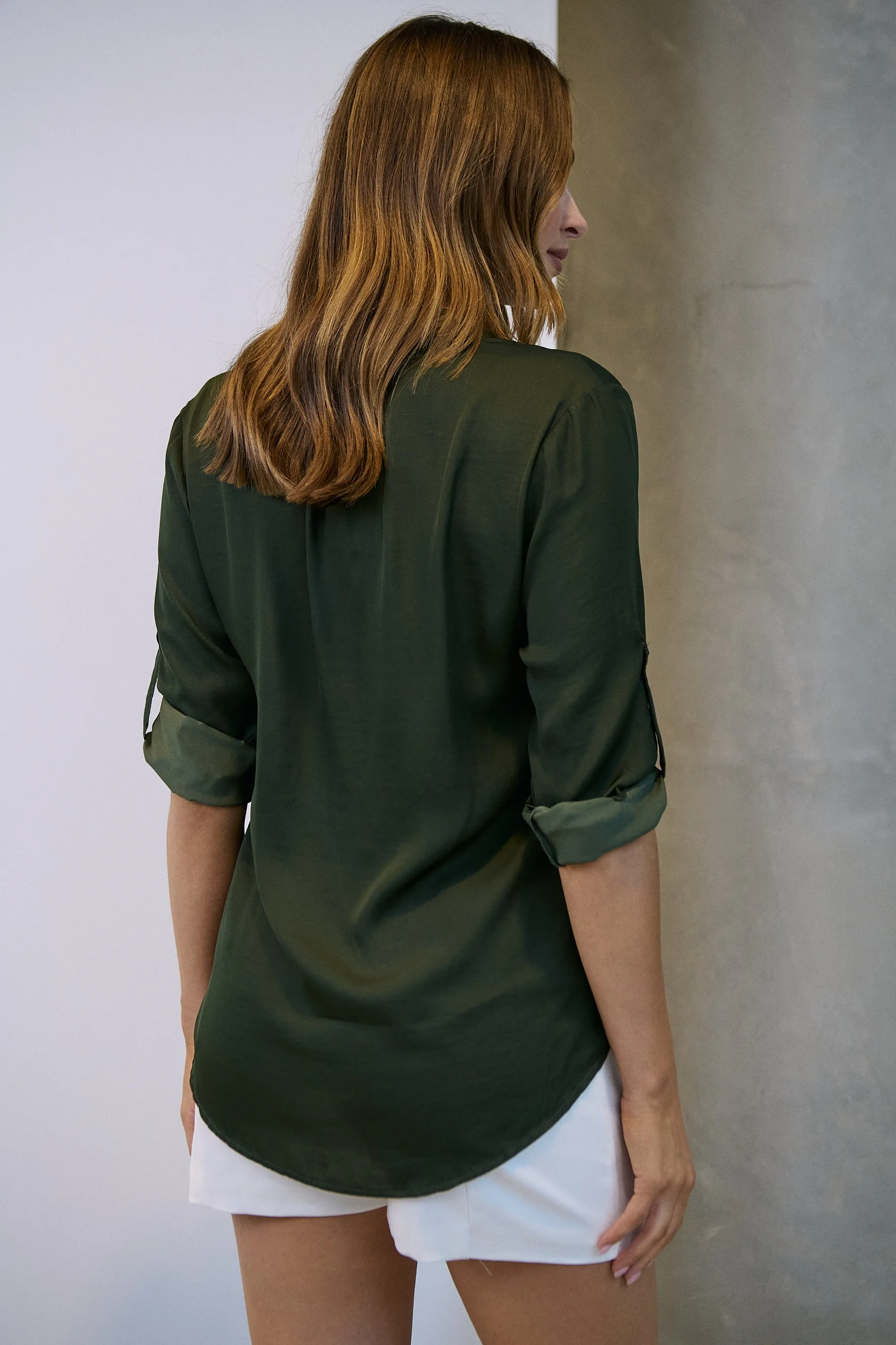 Brialla khaki Satin Roll sleeve shirt