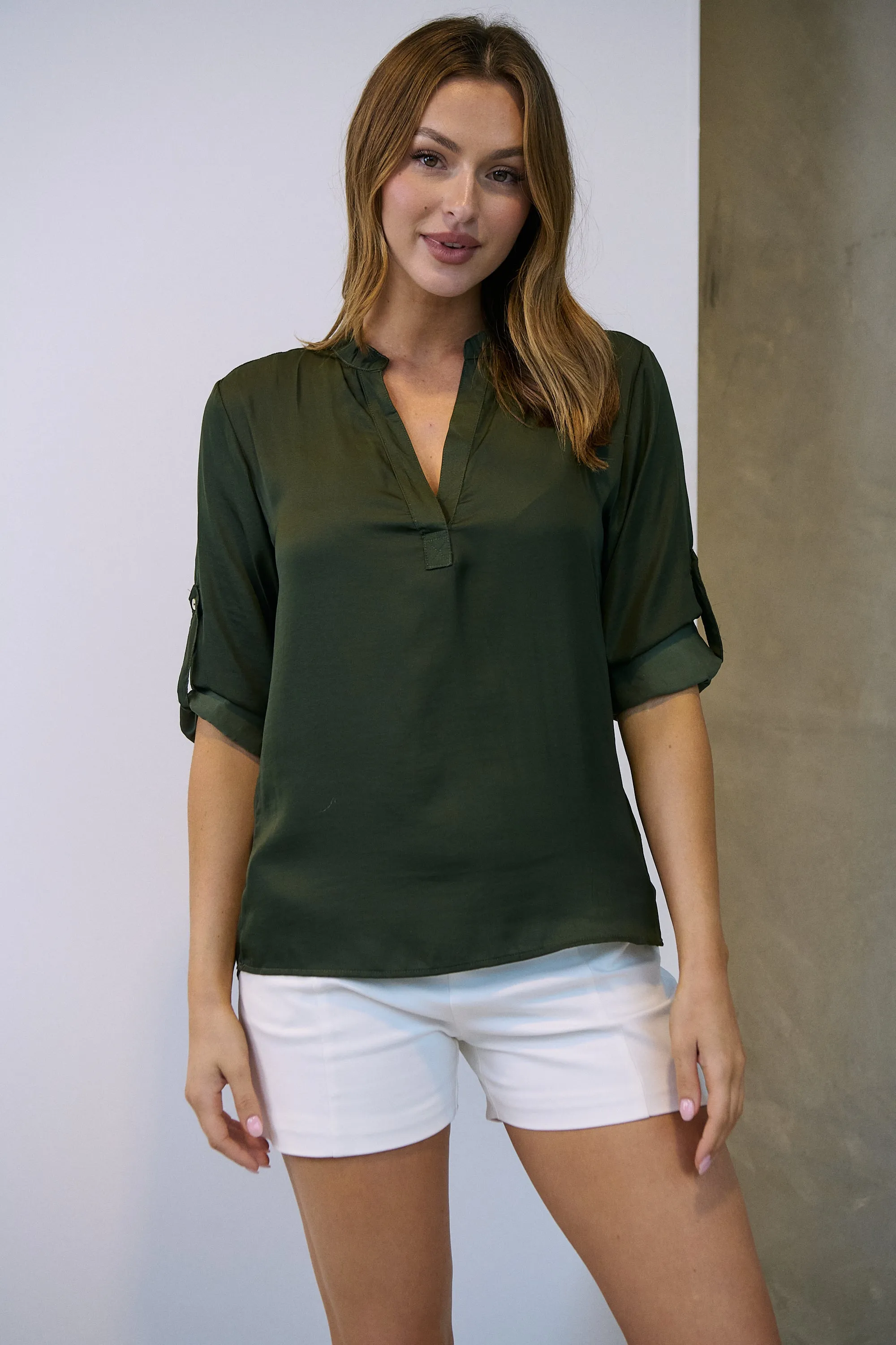 Brialla khaki Satin Roll sleeve shirt