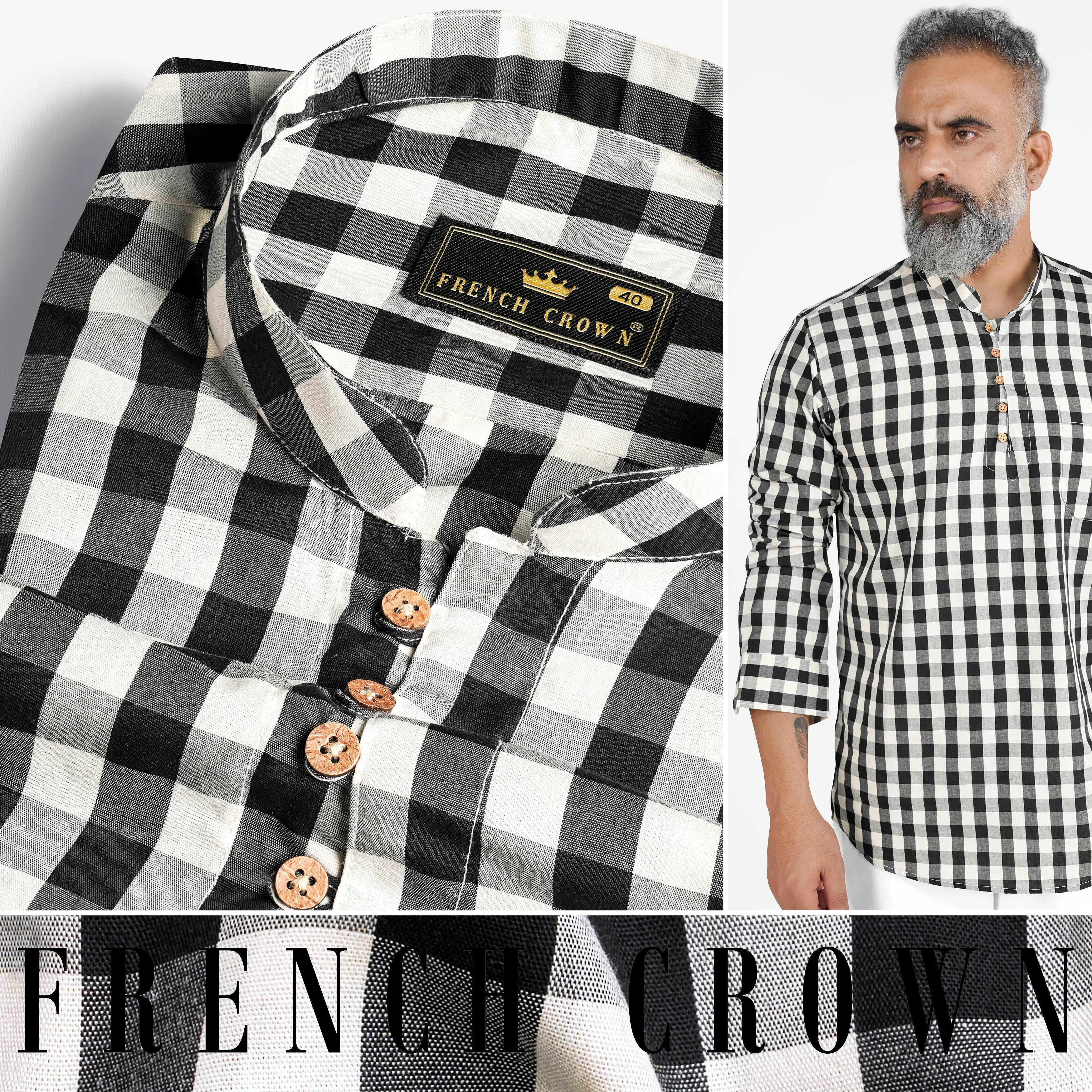 Bright White and Black Checked Royal Oxford Kurta Shirt