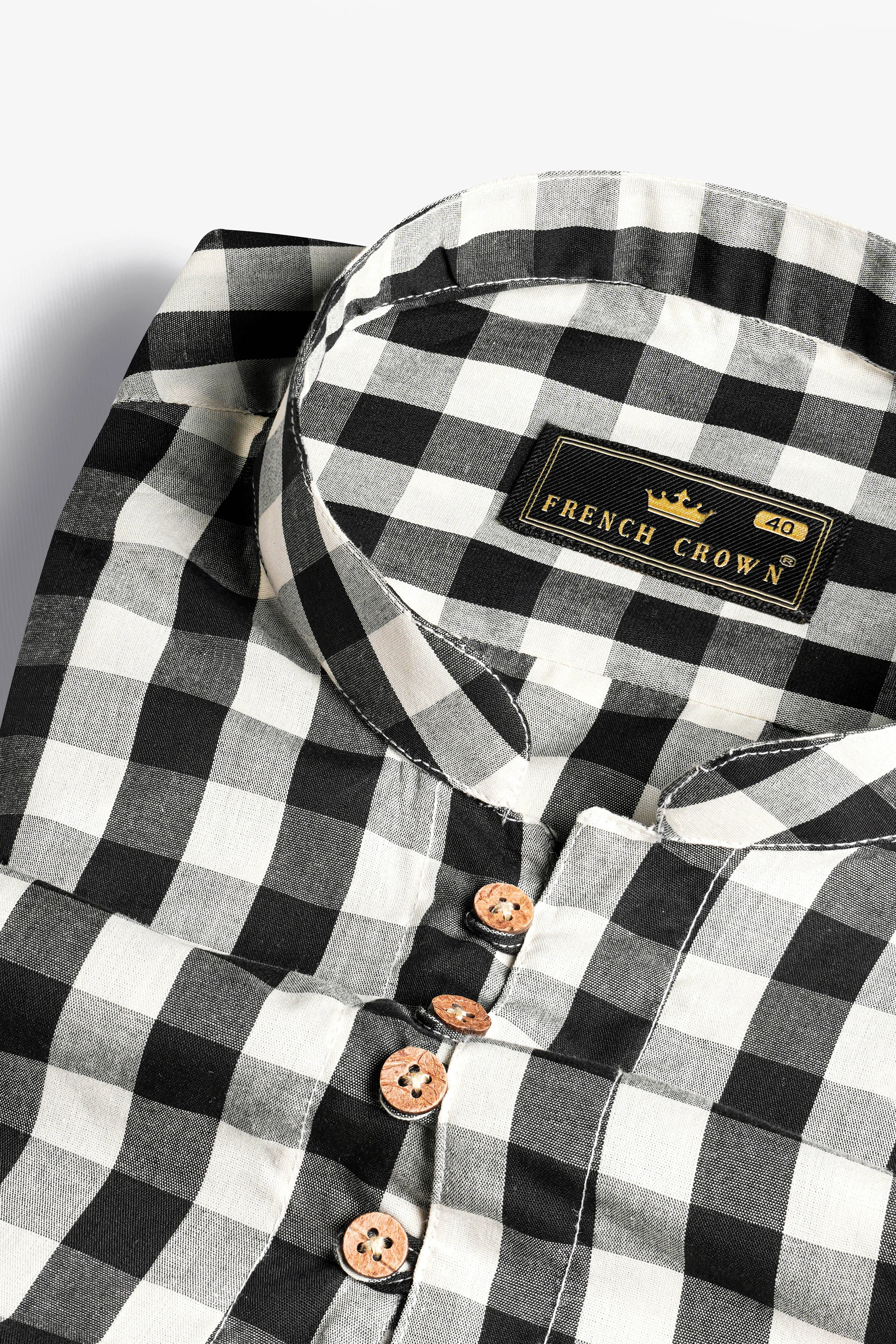 Bright White and Black Checked Royal Oxford Kurta Shirt