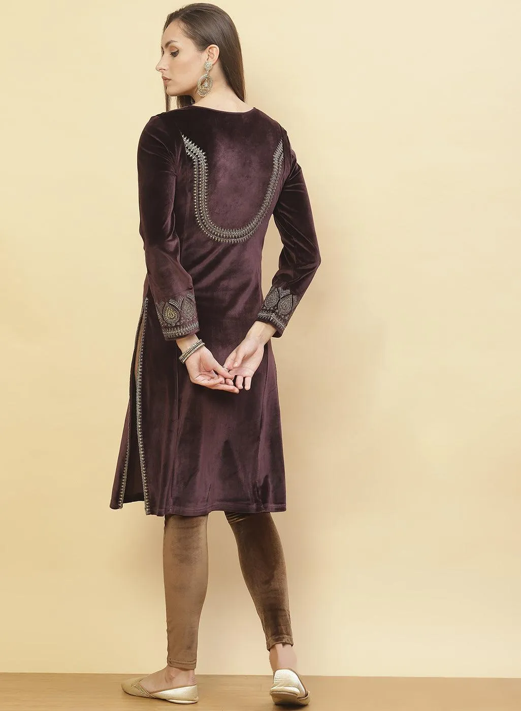 Brown Embroidered Velvet Kurti